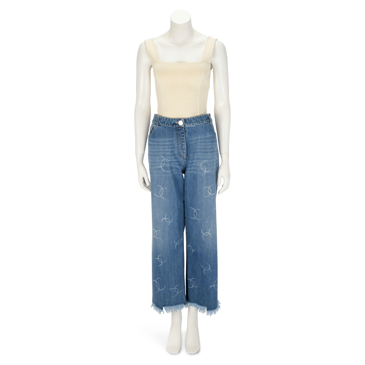 Chanel Blue Denim CC Frayed Hem Jeans FR 50 Apparel