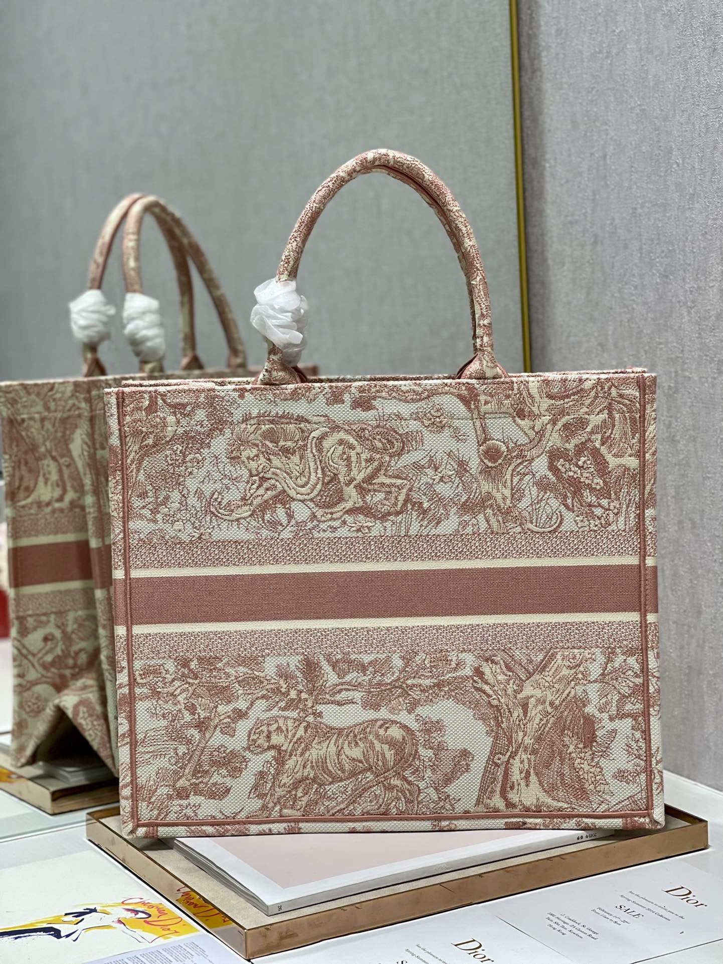 Book Toile De Jouy Embroidery Red Large Book Tote Bag