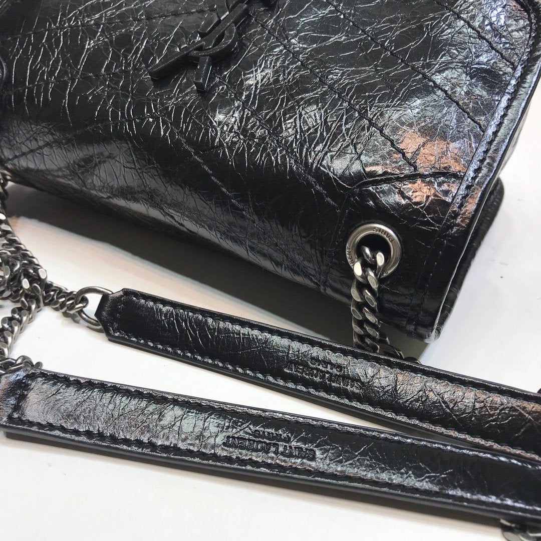 YSL Saint Laurent Niki Baby Crinkled 8in 21cm Black Chain Travel Bag