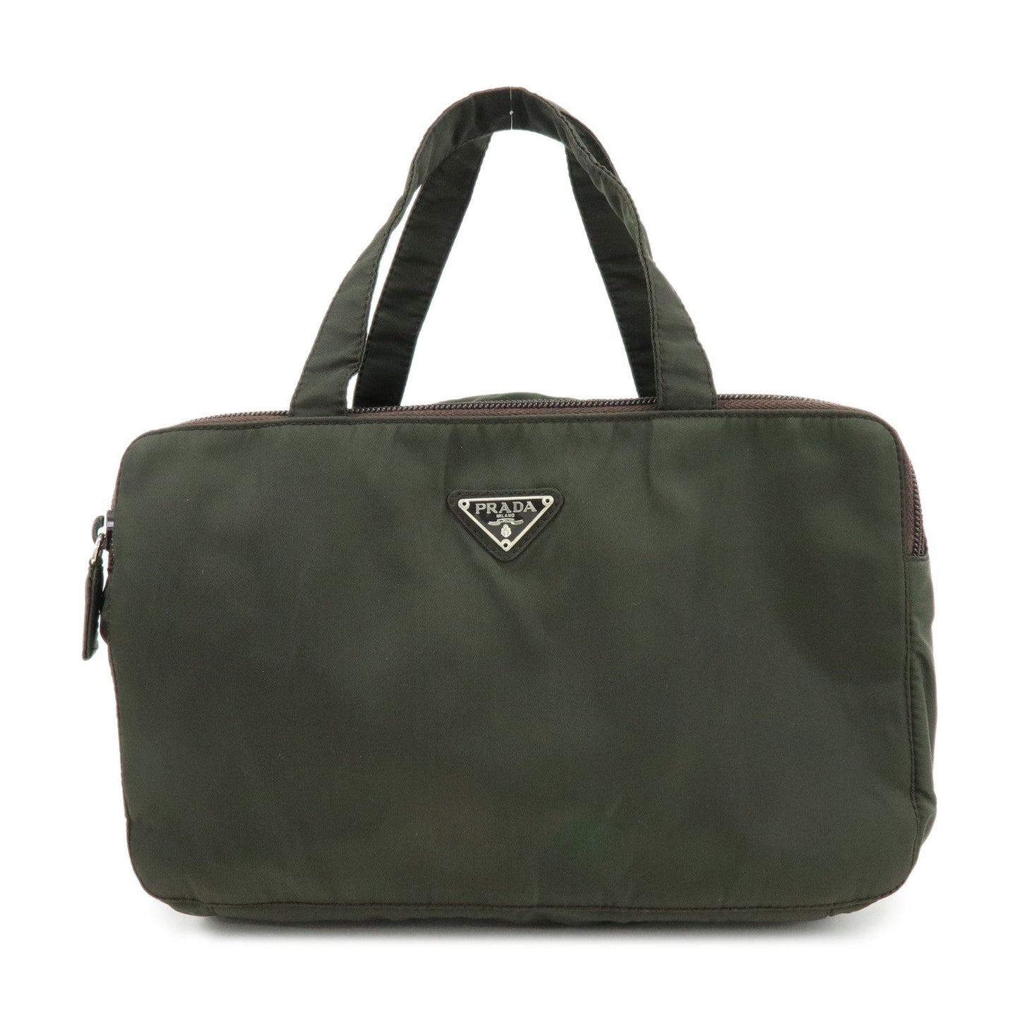 Triangle Hand Bag Cosmetic Case Khaki Leather Nylon Logo Handbag