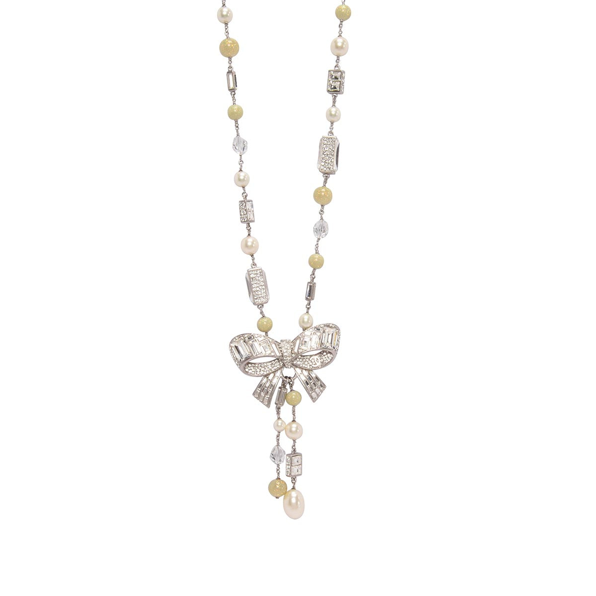 Chanel Silver Baguette Crystal & Pearl Bow Necklace