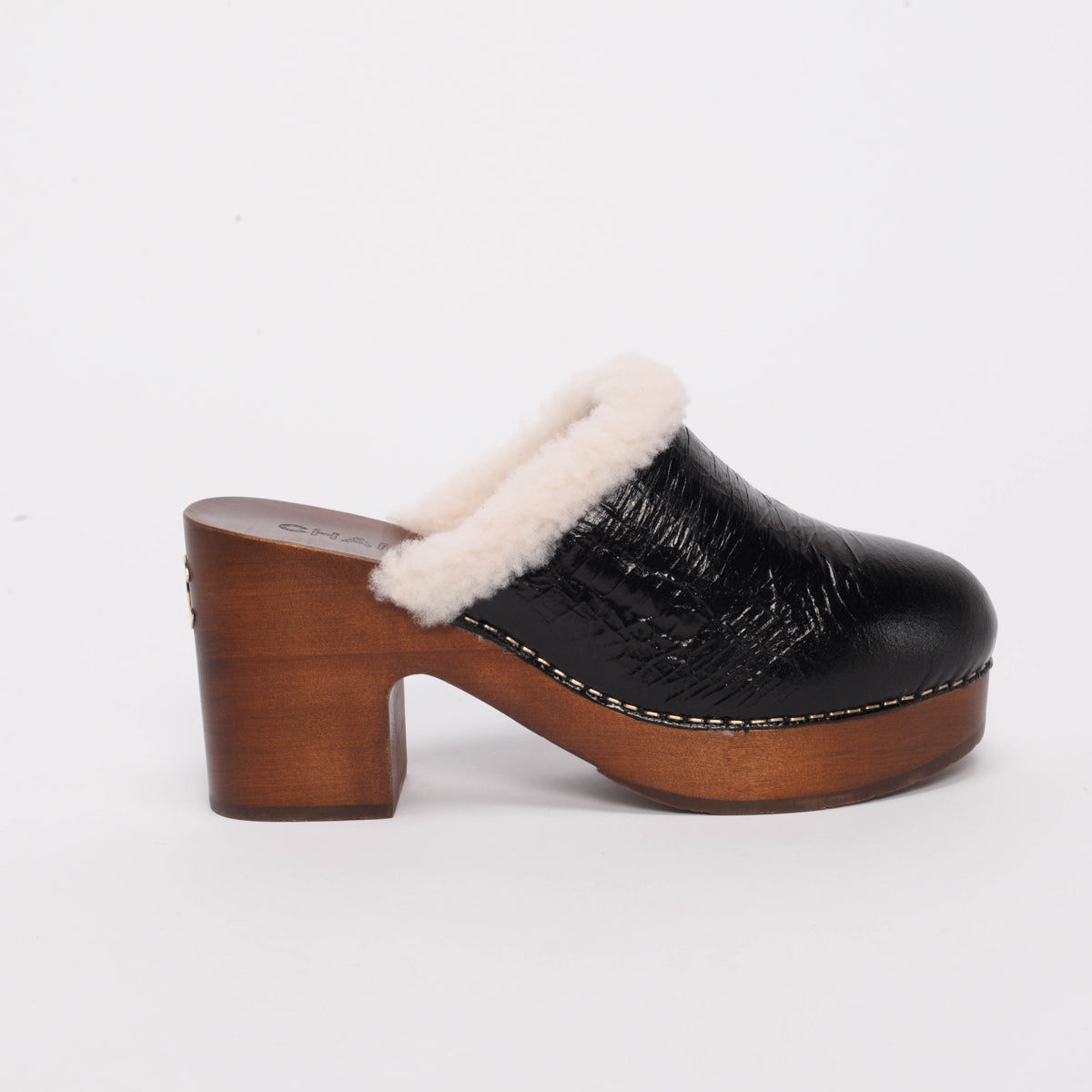 Chanel Black Crackled Sheepskin CC Clogs 38 Accessory