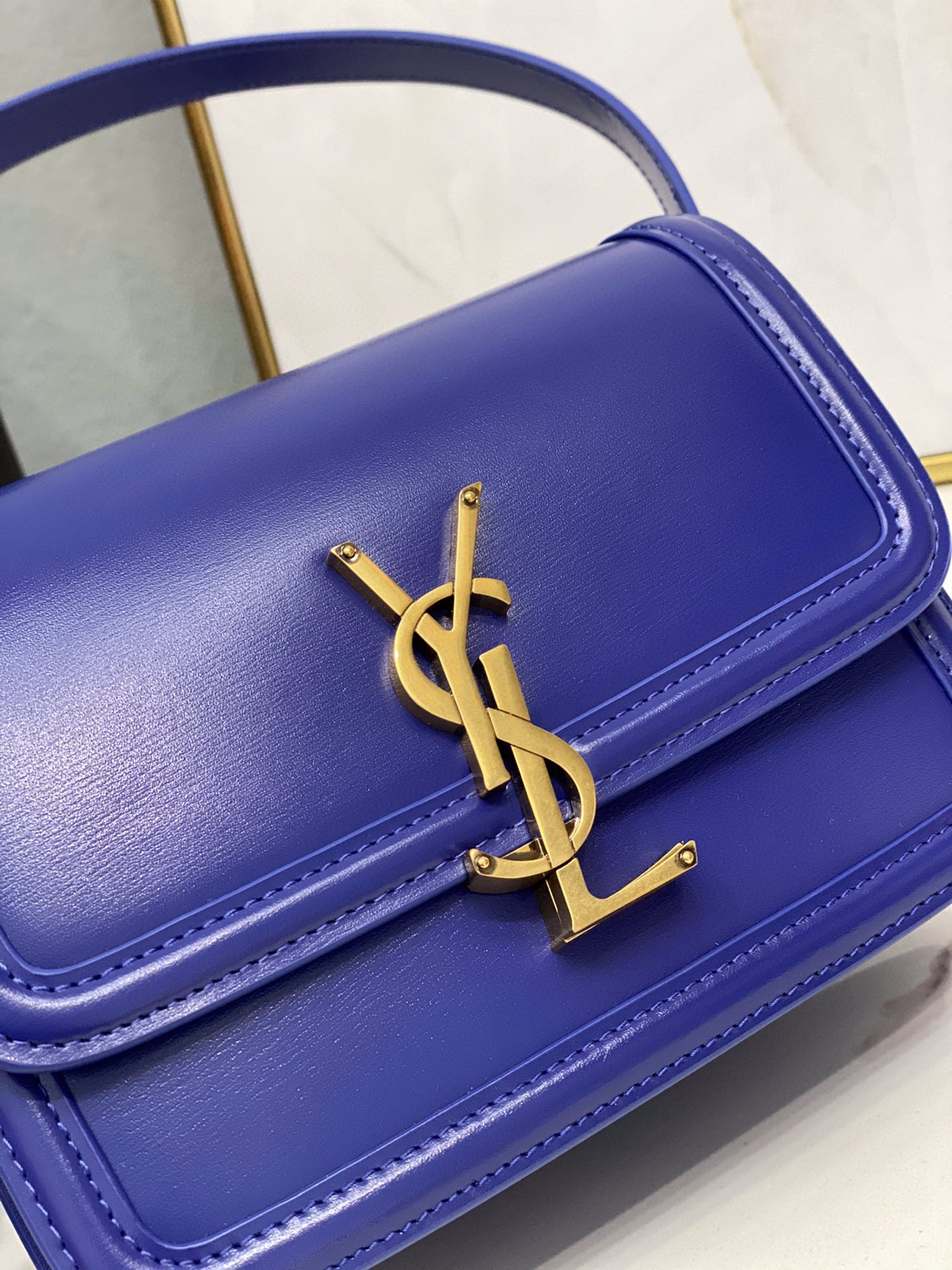 YSL Saint Laurent Solferino Box 7in 19cm Blue Navy Small Satchel Bag