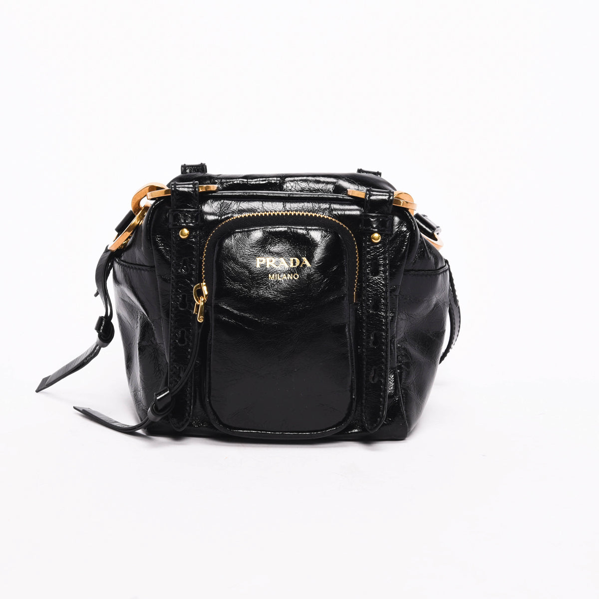 Prada Distressed Dangle Bag Leather Black Mini Travel Bag