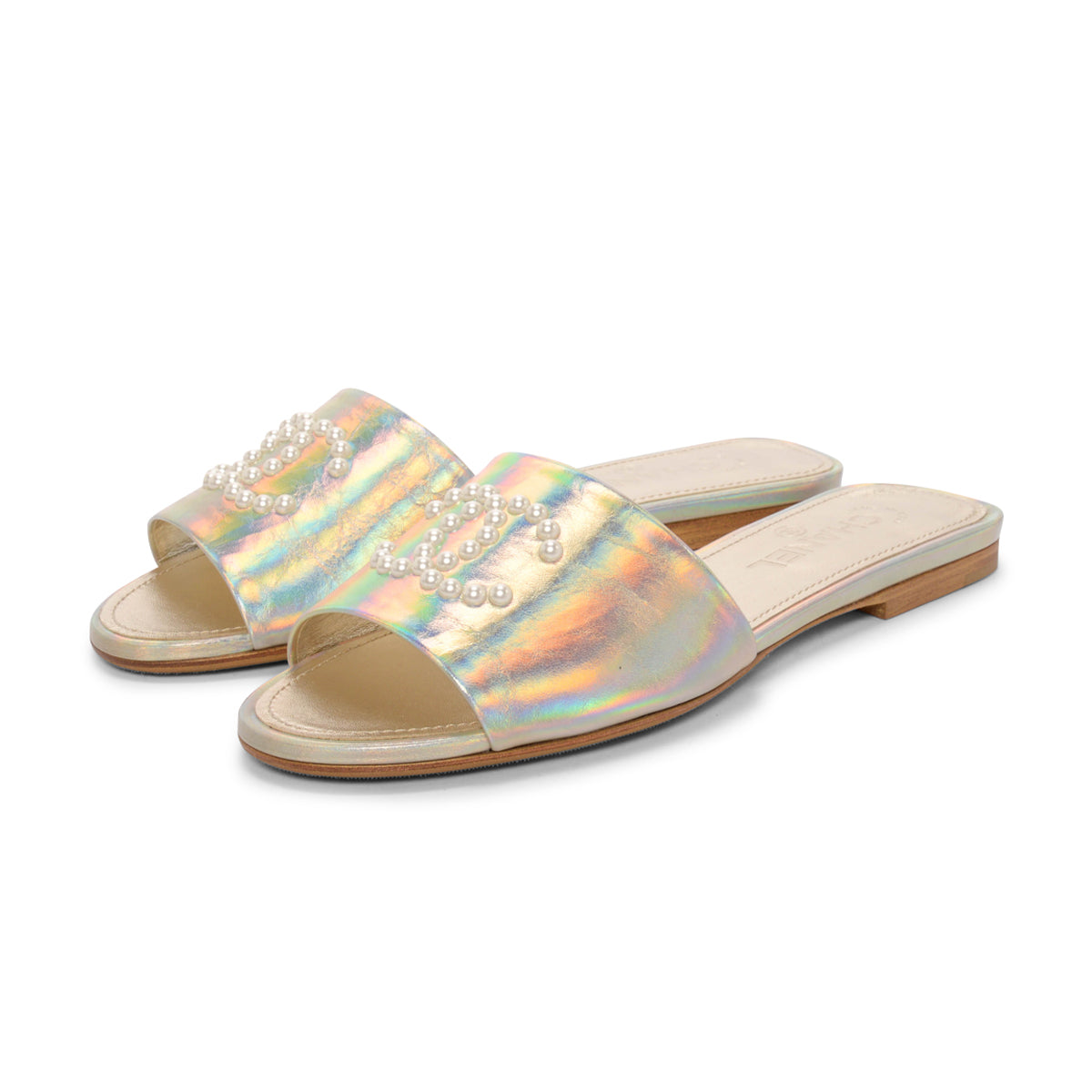 Chanel Champagne Iridescent Leather CC Pearl Slides 39 Shoes
