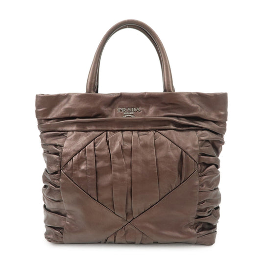 Prada Tote Bag Gathered Hand Bag Bronze HDW d Leather Silver