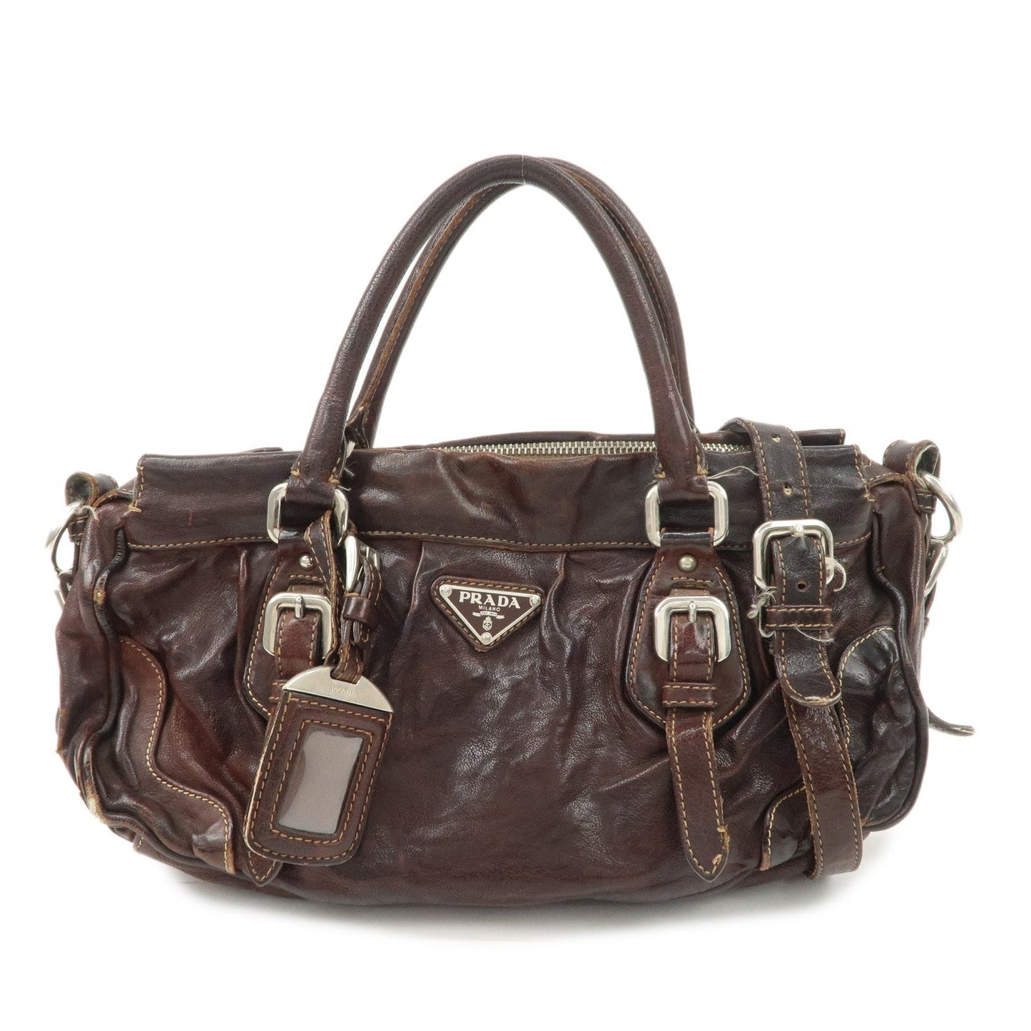 Triangle 2Way Bag Hand Bag Dark d Leather Brown Logo Handbag
