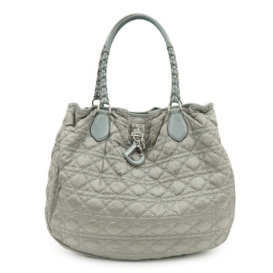 Dior Tote Bag Christian Cannage Shoulder Bag Leather Nylon Gray