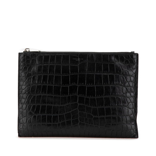 YSL Saint Laurent Crocodile Clutch Bag Leather Embossed