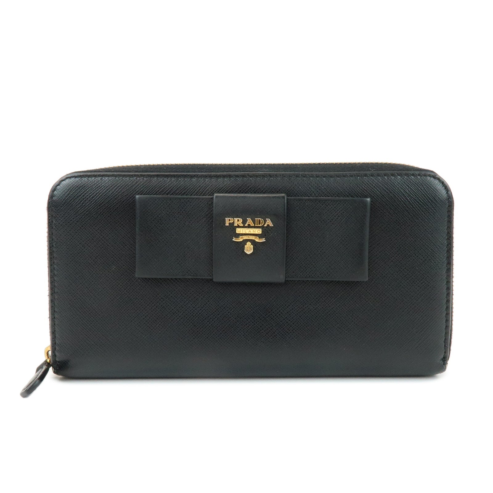 Ribbon Round Zippy Wallet Leather Saffiano Black Handbag