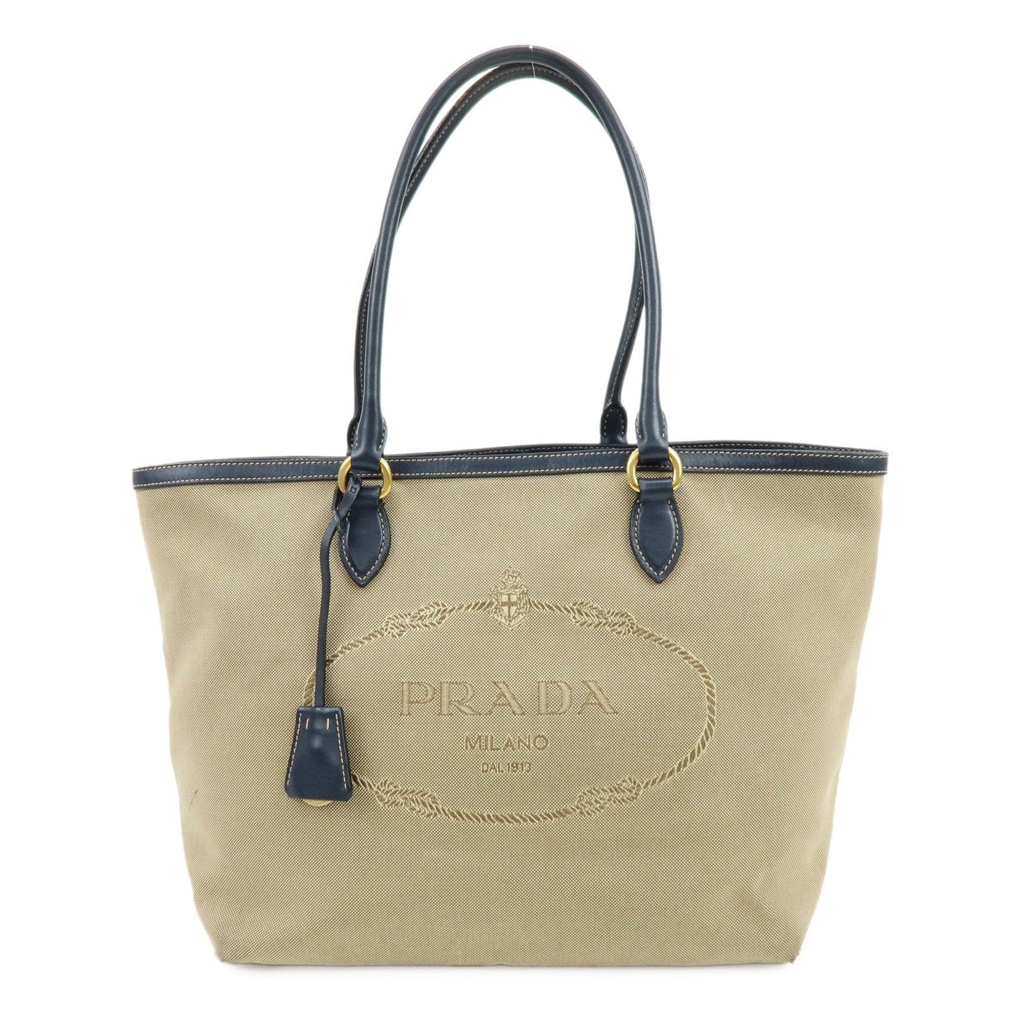 Tote Bag Jacguard Hand Bag Leather Beige Navy