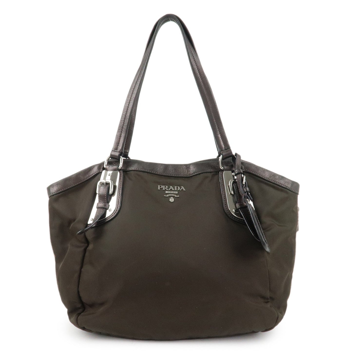 Tote Bag Shoulder Bag Khaki Metallic d Leather Nylon Brown