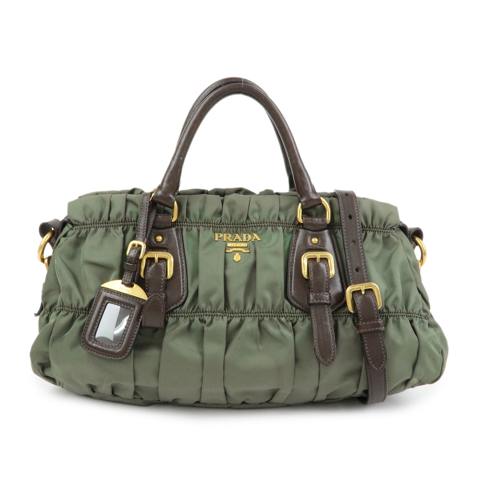 Gathered 2Way Bag Hand Bag Khaki Leather Nylon Handbag