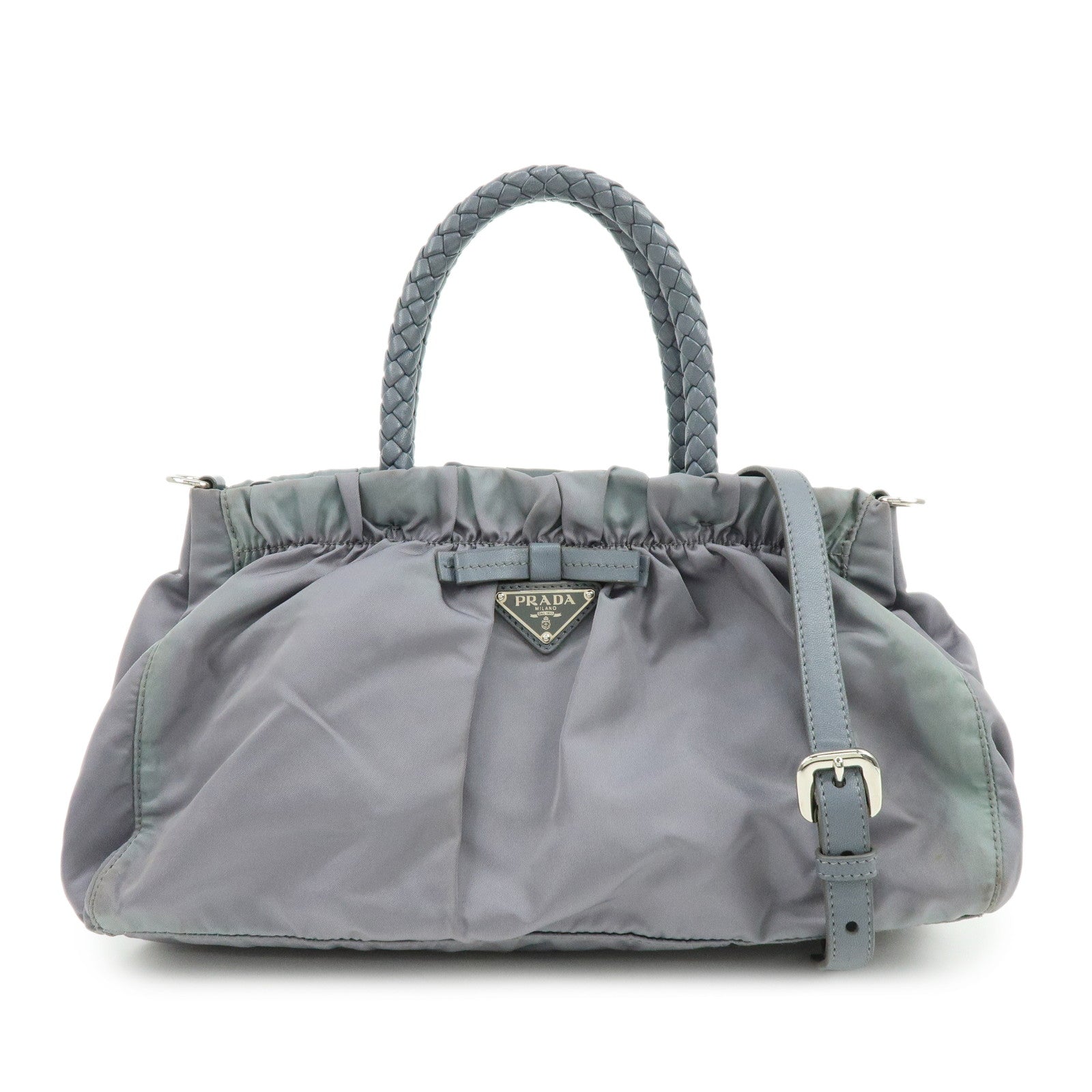 Shoulder Bag 2Way Gathered Ribbon Hand Leather Nylon Gray