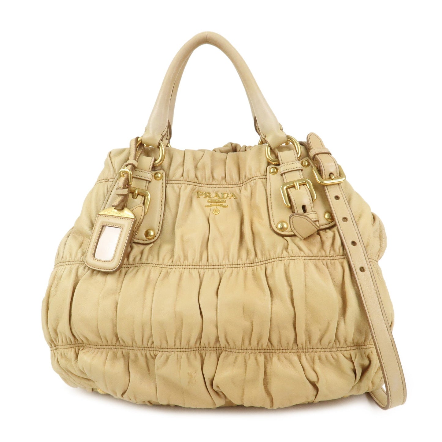 Nappa Gaufre Gathered 2Way Bag Hand Bag Leather Beige Handbag