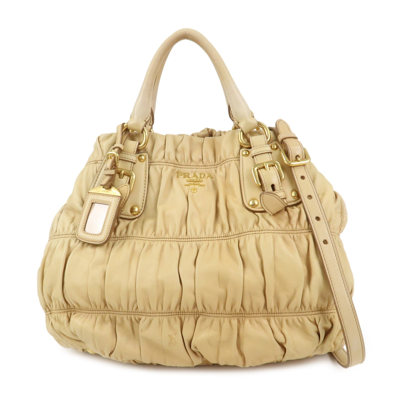 Nappa Gaufre Gathered 2Way Bag Hand Bag Leather Beige Handbag