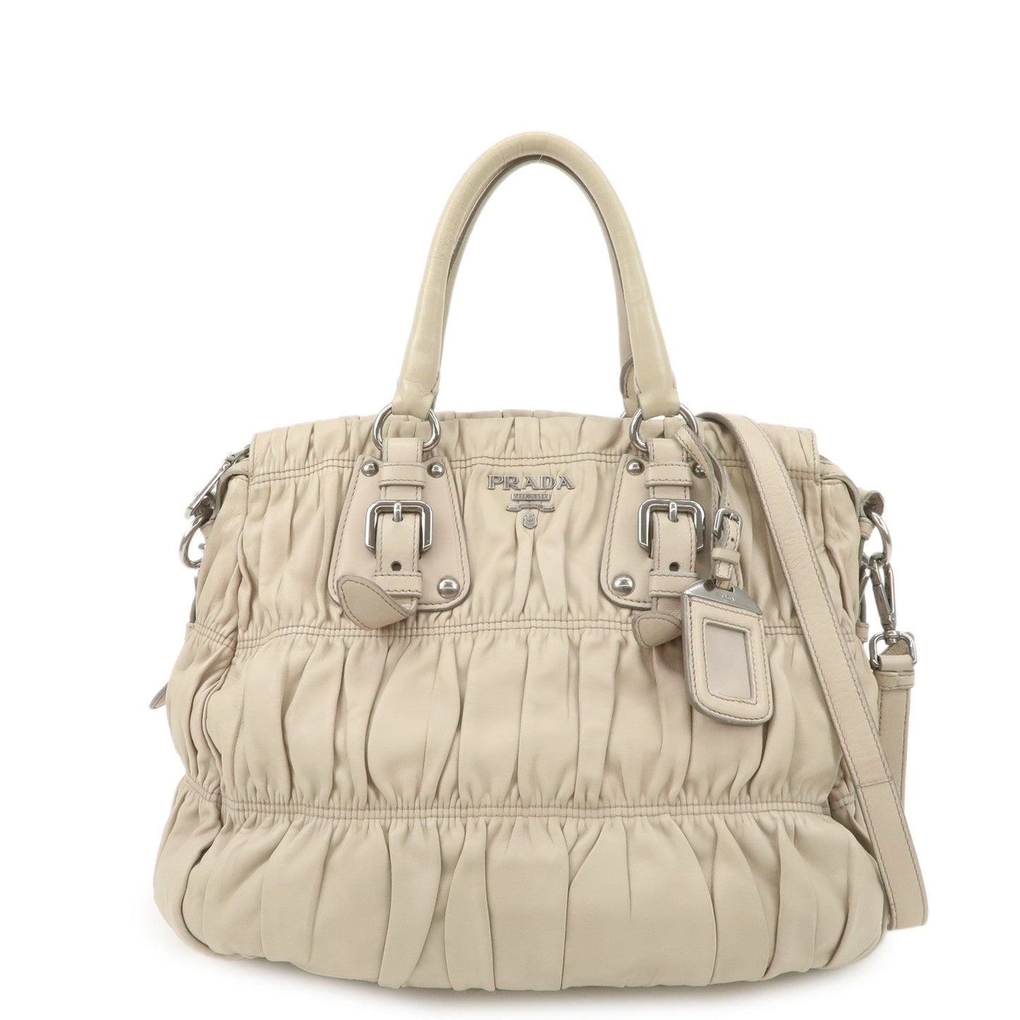 Gathered 2Way Hand Bag Leather Beige Logo Handbag