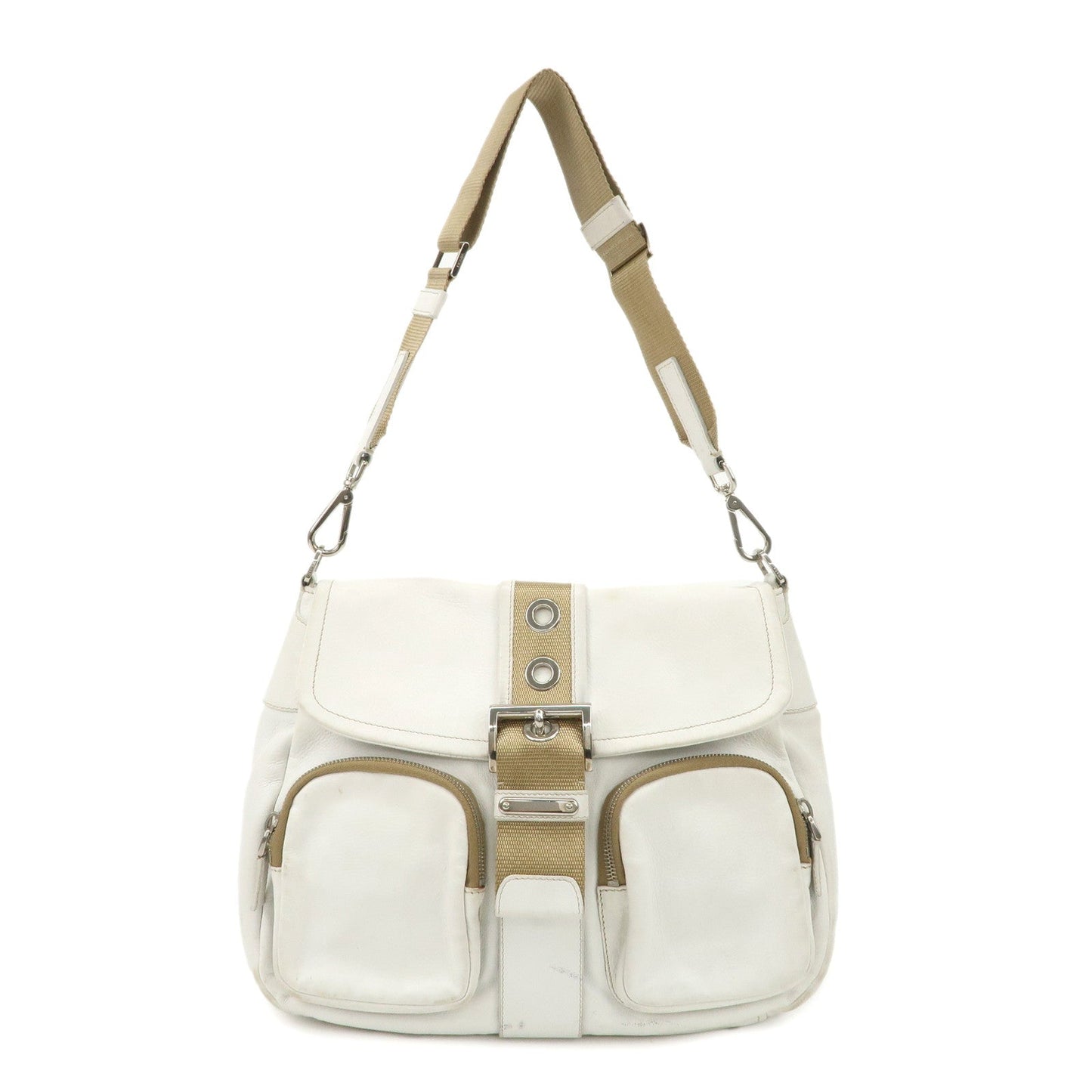 Shoulder Bag Triangle Leather Nylon White