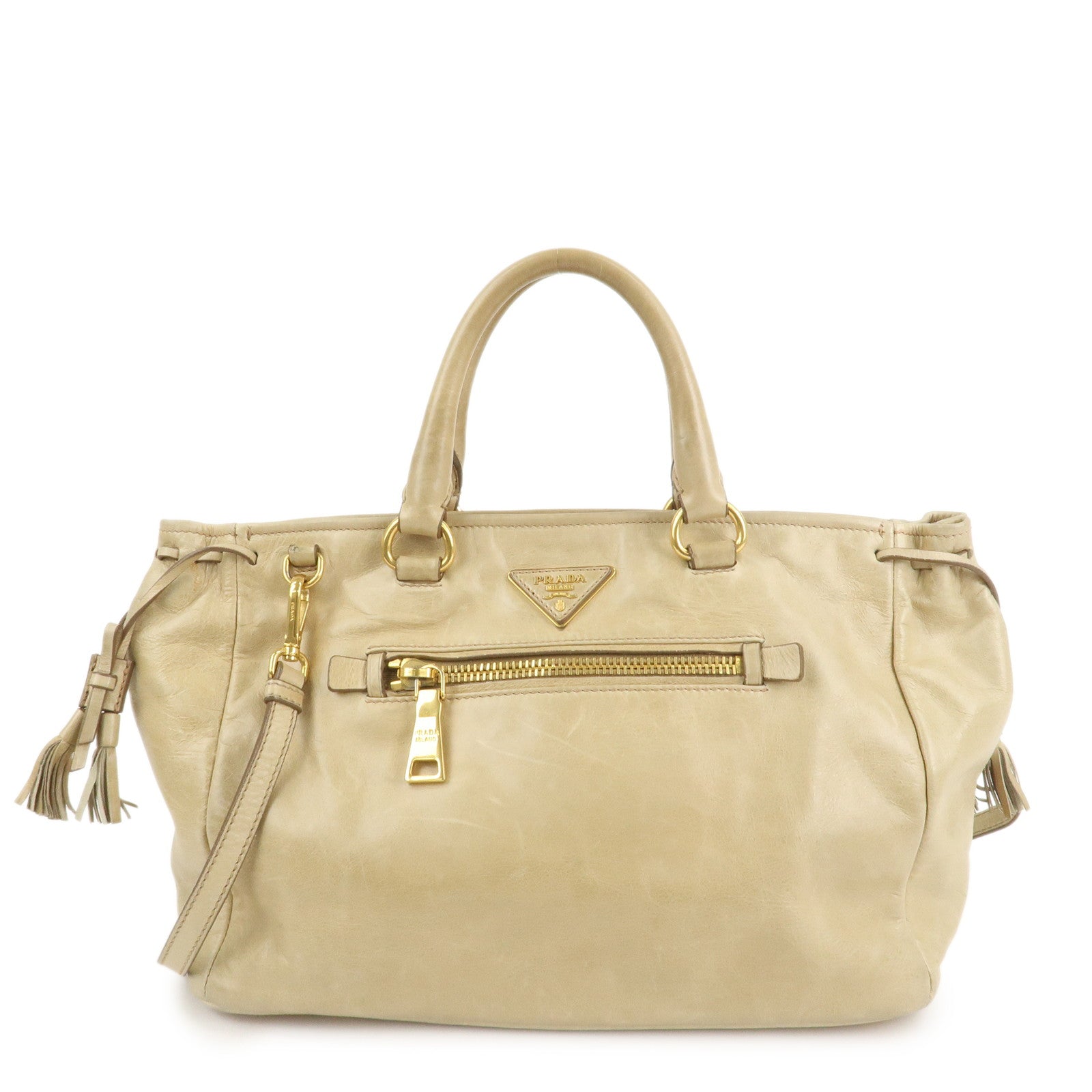 Triangle 2Way Bag Leather Beige Logo Handbag