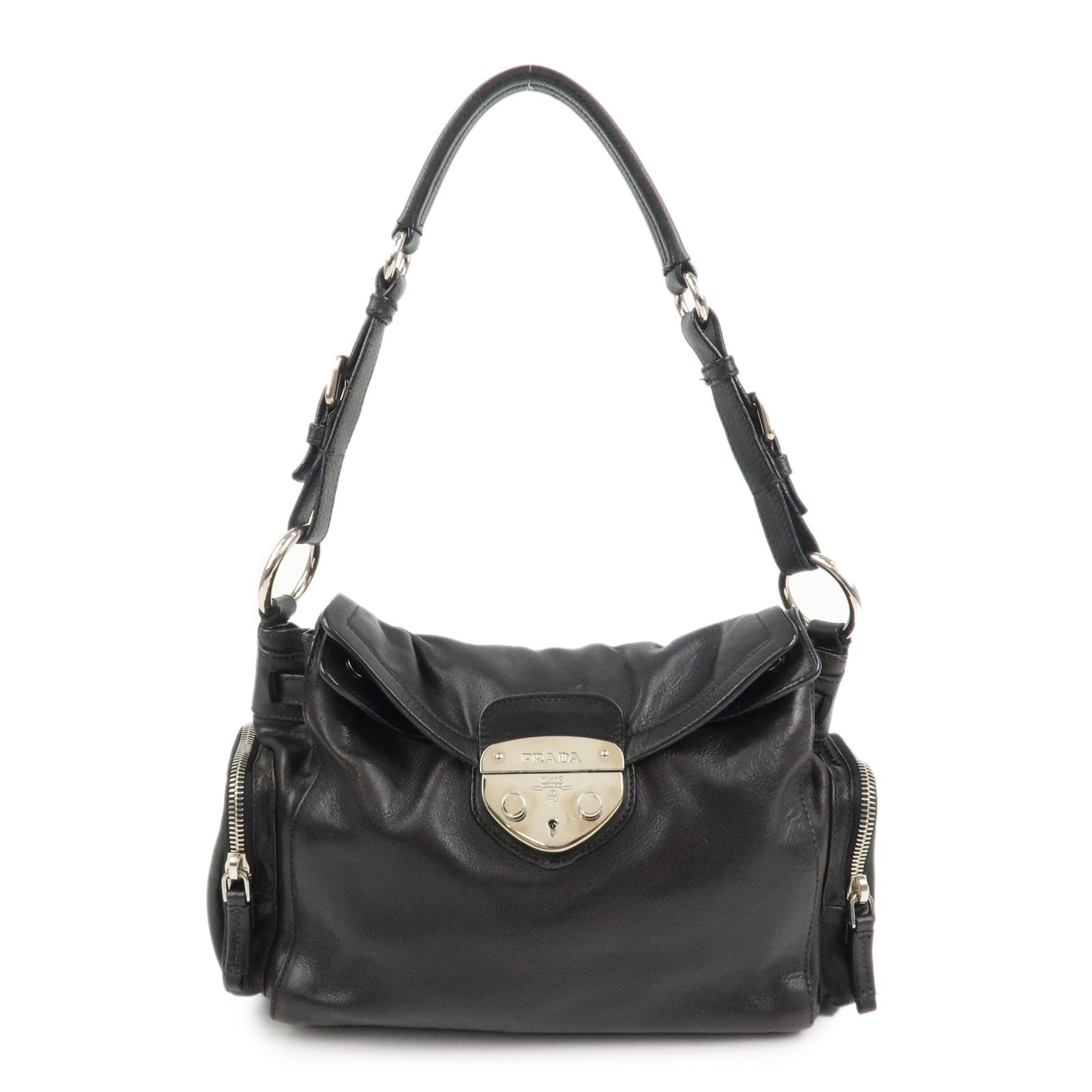 Shoulder Bag Triangle Calf Skin Leather Black Logo