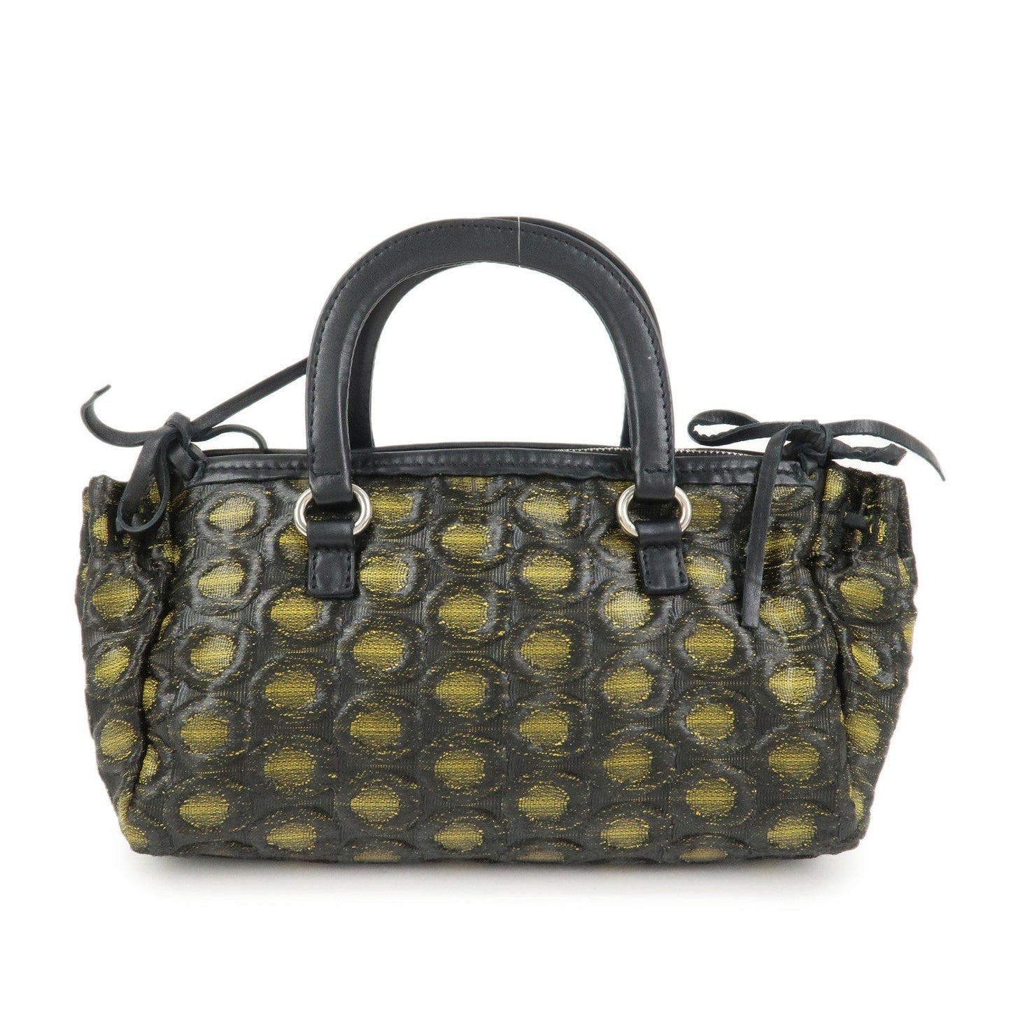 Triangle Ribbon Hand Bag Leather Nylon Black Handbag