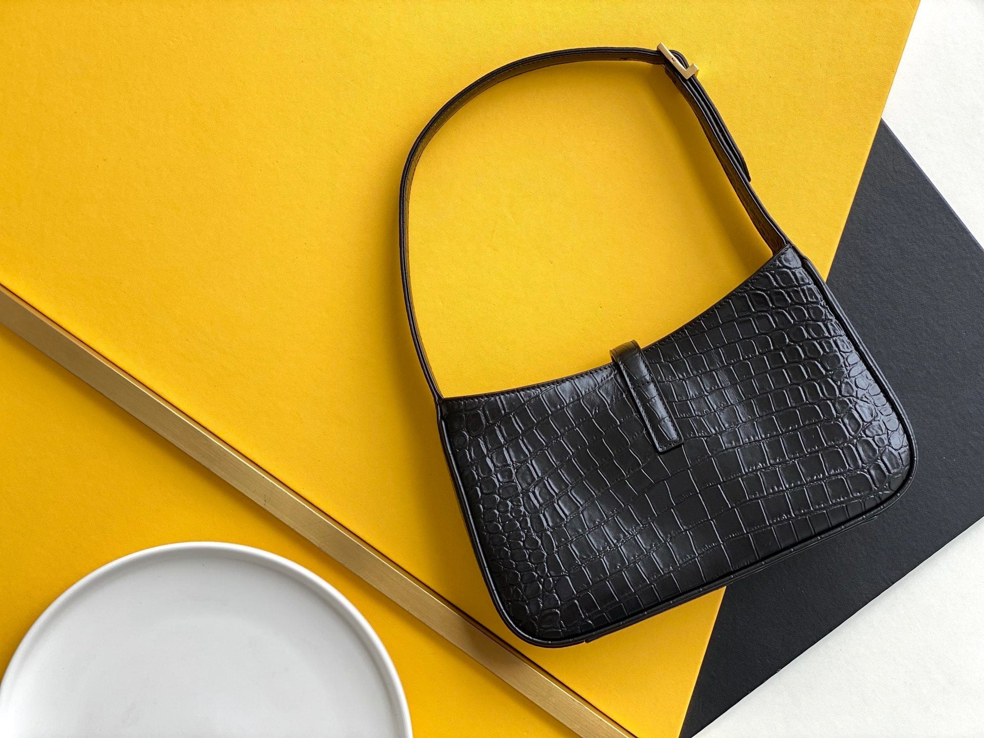 YSL Saint Laurent LE 5 Ã 7 Embossed Black Shoulder Bag