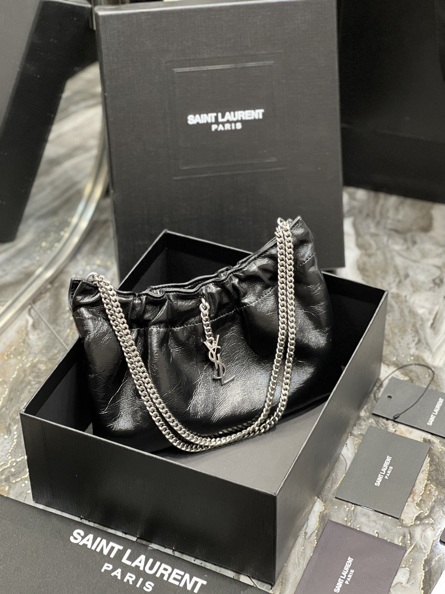 YSL Saint Laurent YSL Top Quality Hobo Bag With Hardware Black Silver Shoulder Bag