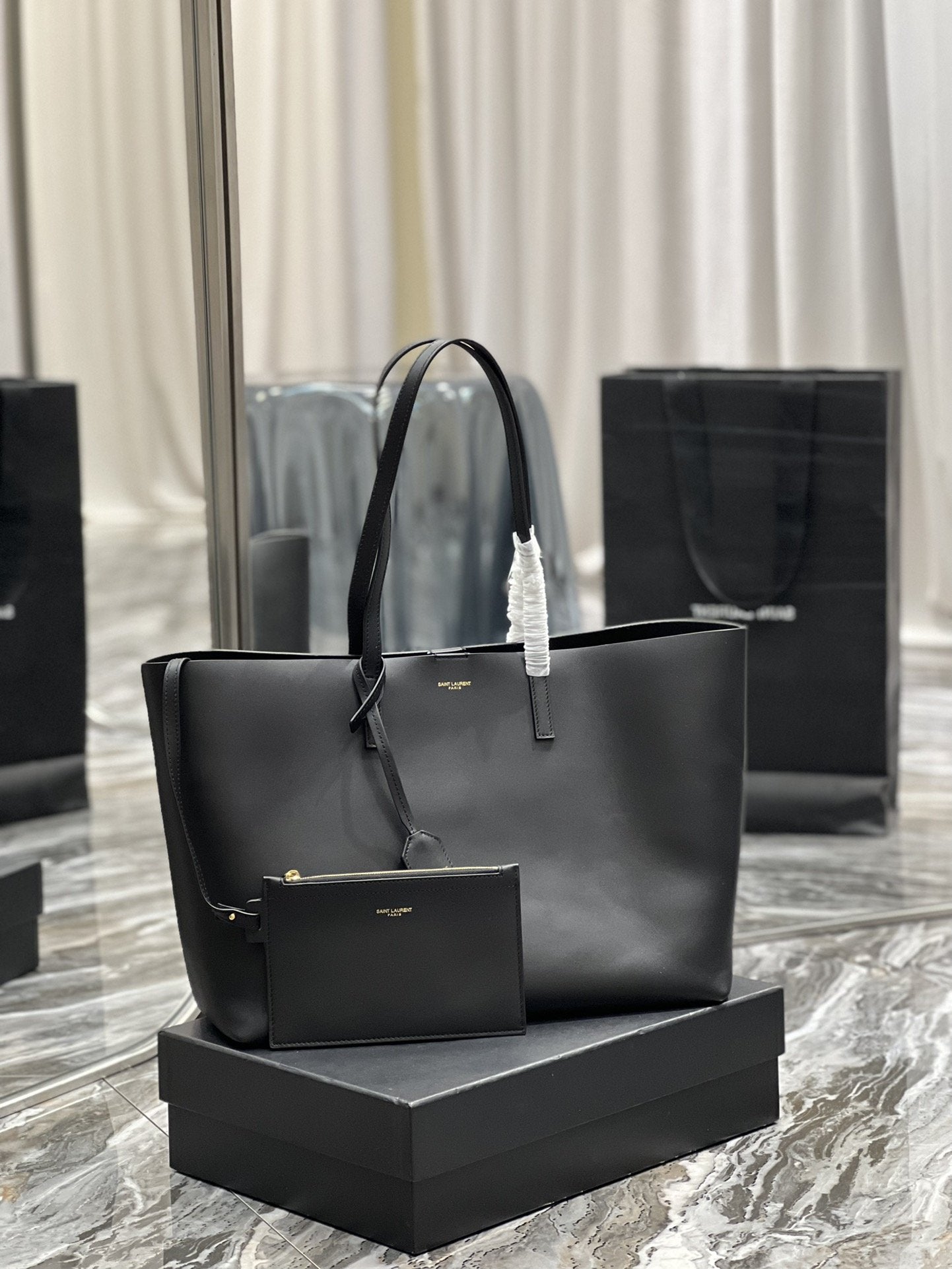 YSL Saint Laurent Shopping E W Hardware 14.5in Black Gold Tote Bag