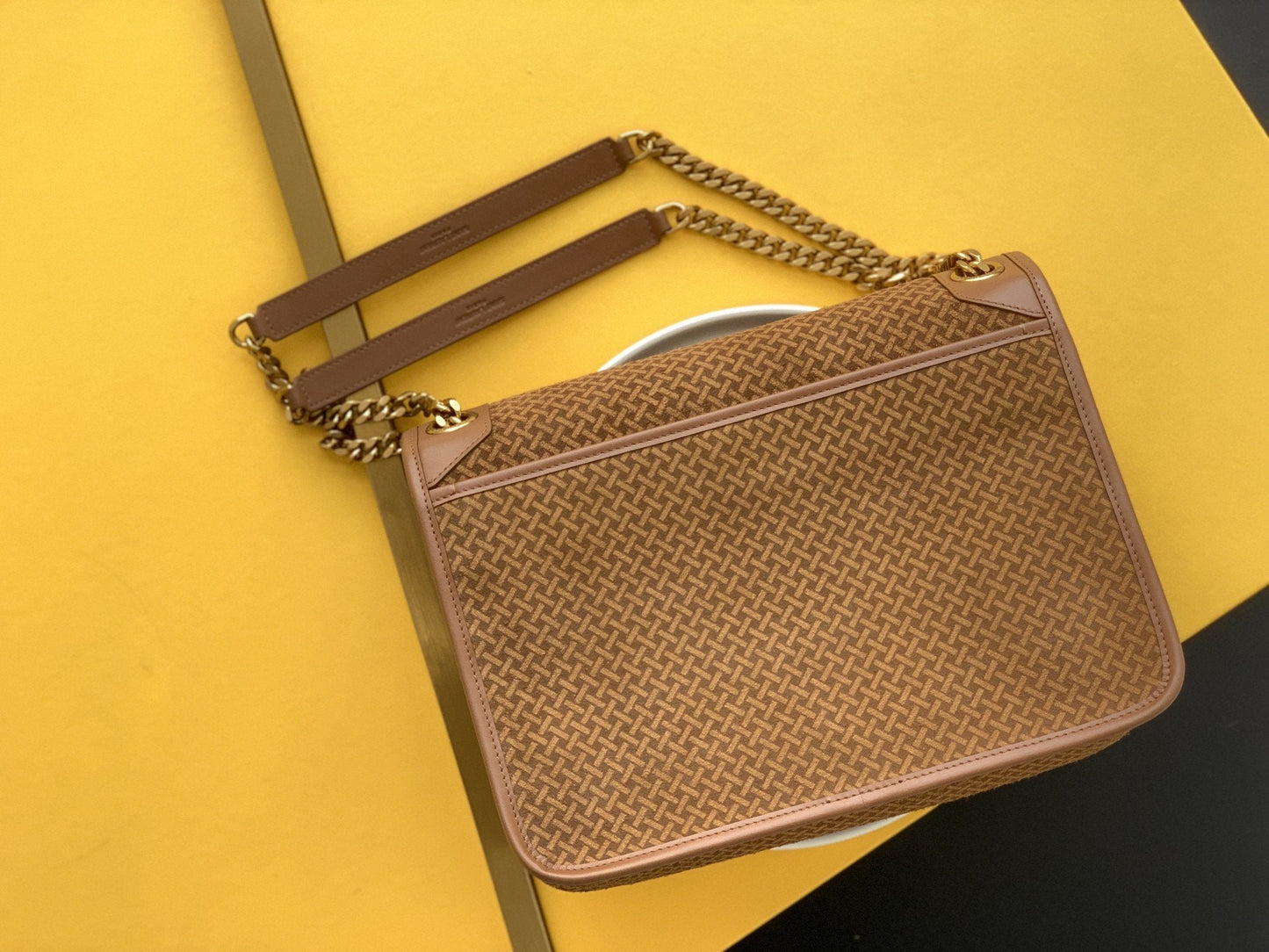 YSL Saint Laurent Niki Crinkled Toned Hardware 11in Brown Gold Medium Chain Handbag