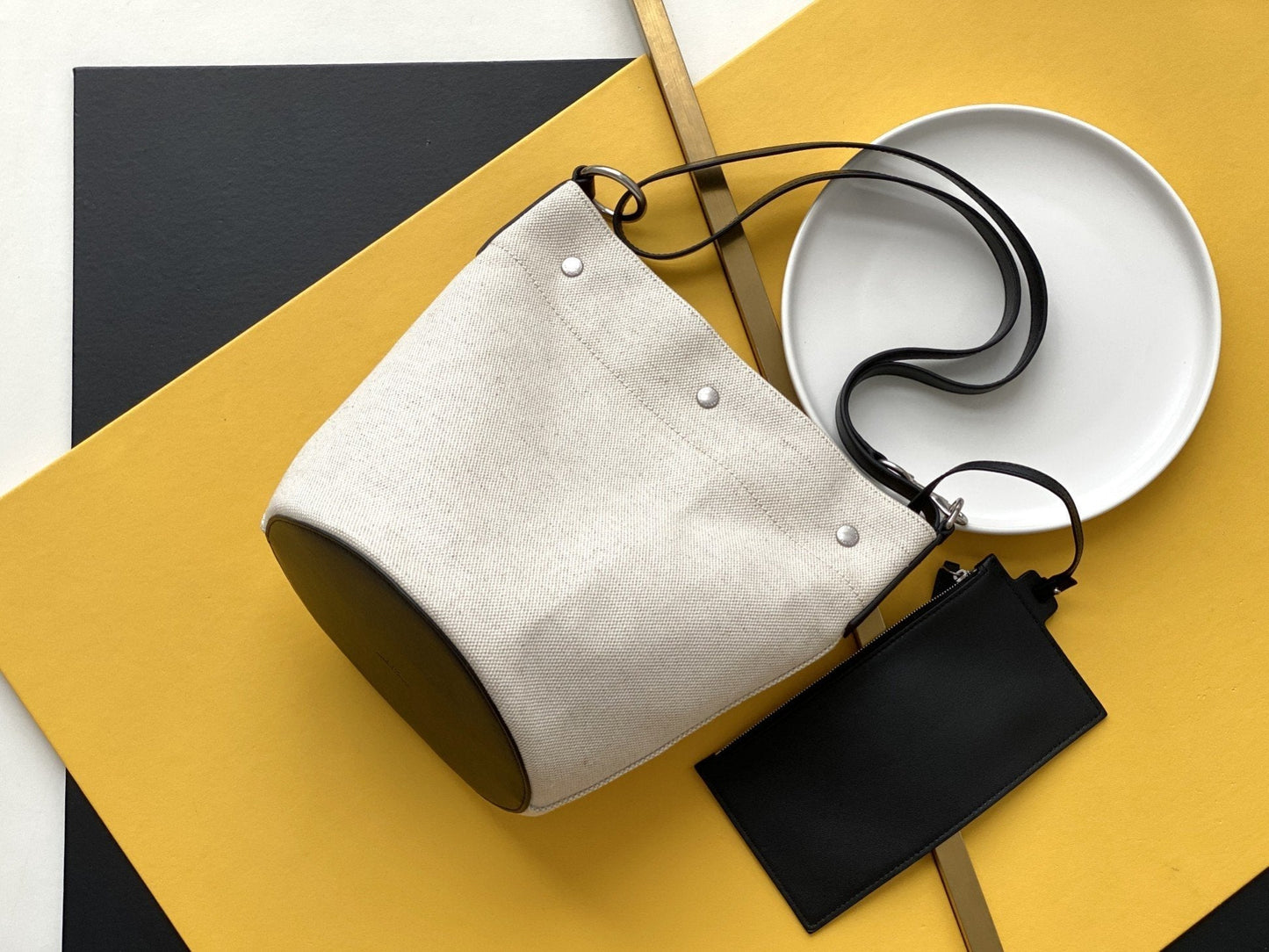YSL Saint Laurent Rive Gauche Linen Strap 11in Black Bucket Bag