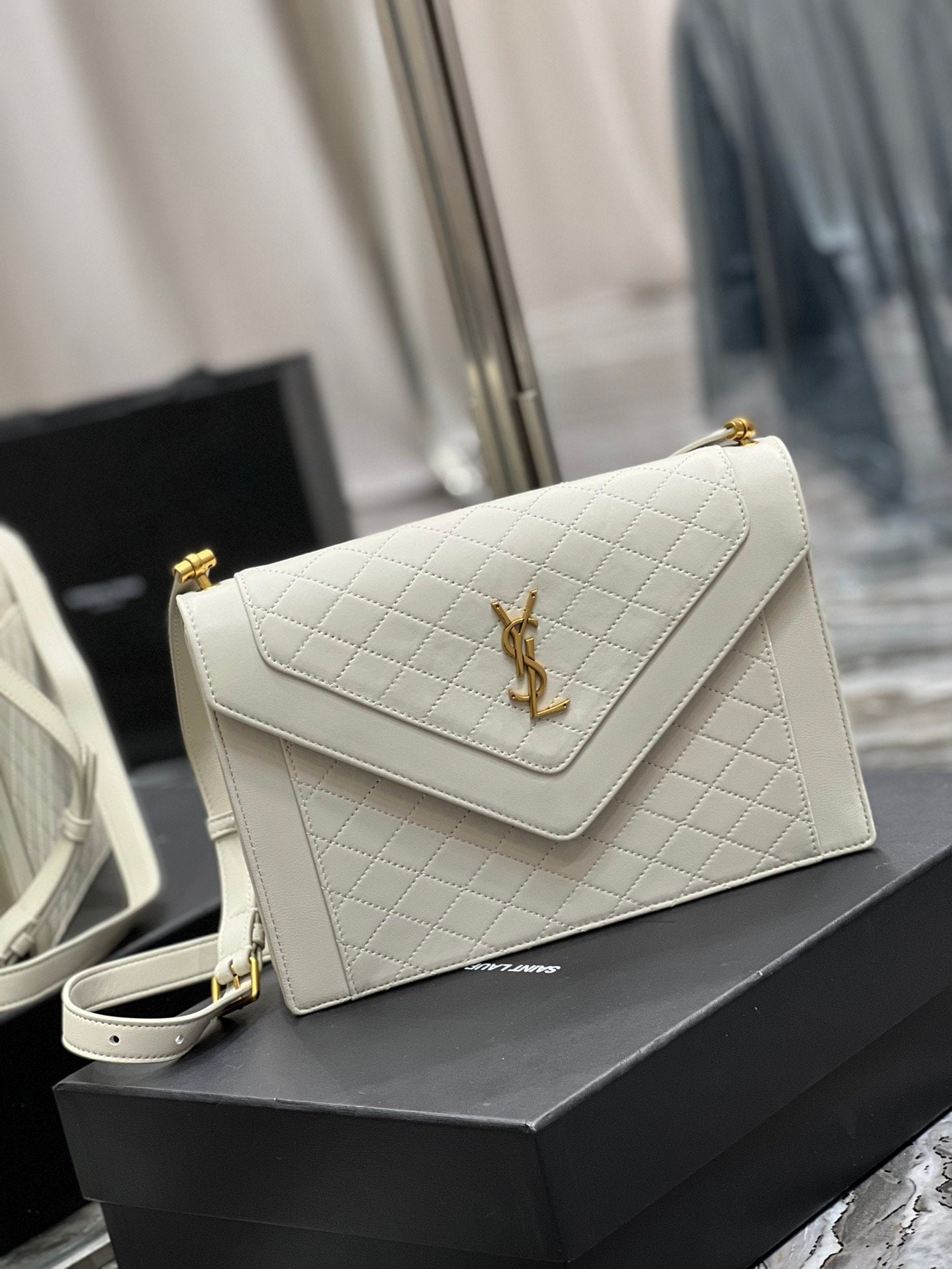 YSL Saint Laurent Gaby Toned Hardware 10in 26cm White Gold Satchel Bag