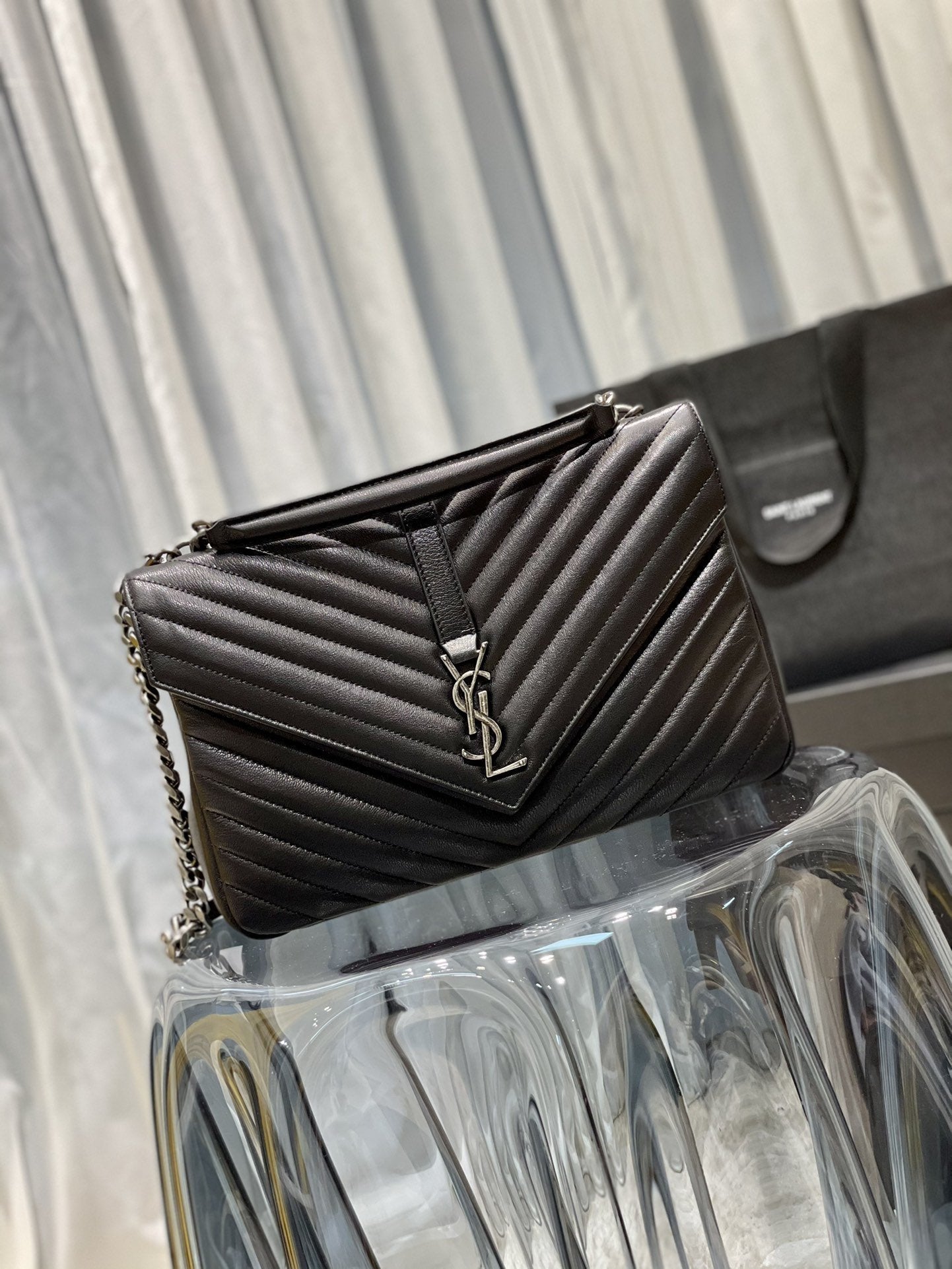 YSL Saint Laurent College TonedHardware 12in 32cm Black Silver Large Chain Handbag