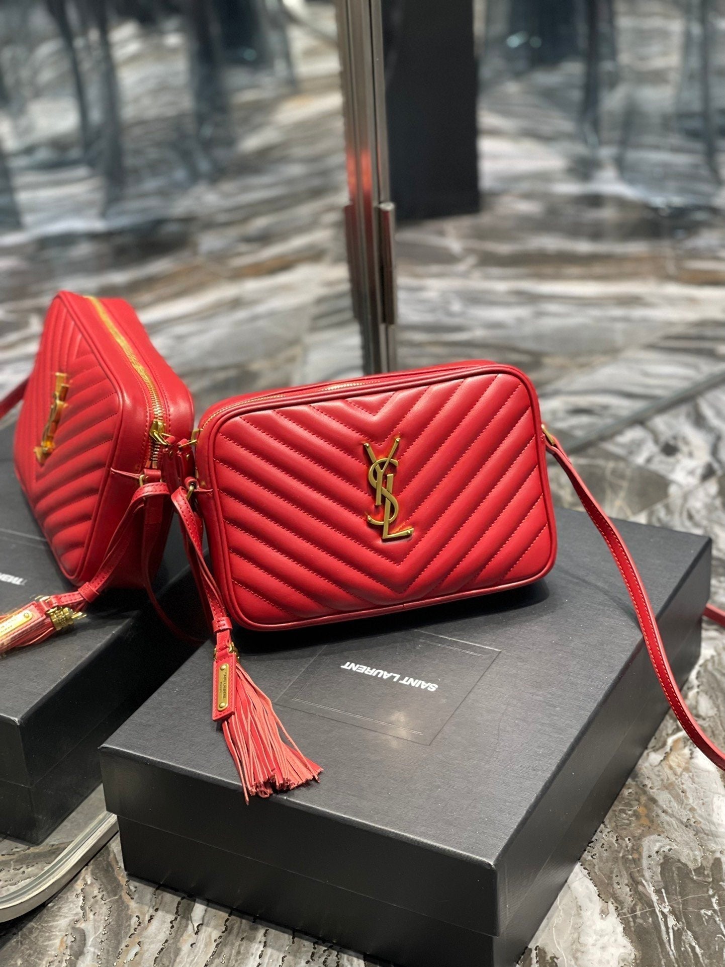 YSL Saint Laurent Lou Camera Toned Hardware 9in Red Gold Crossbody Bag