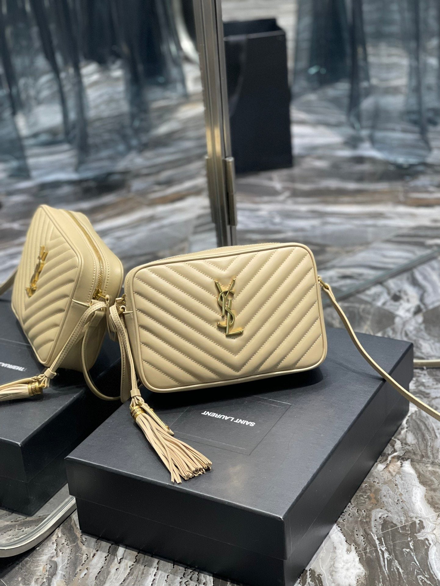 YSL Saint Laurent Lou Camera Toned Hardware 9in Beige Gold Crossbody Bag