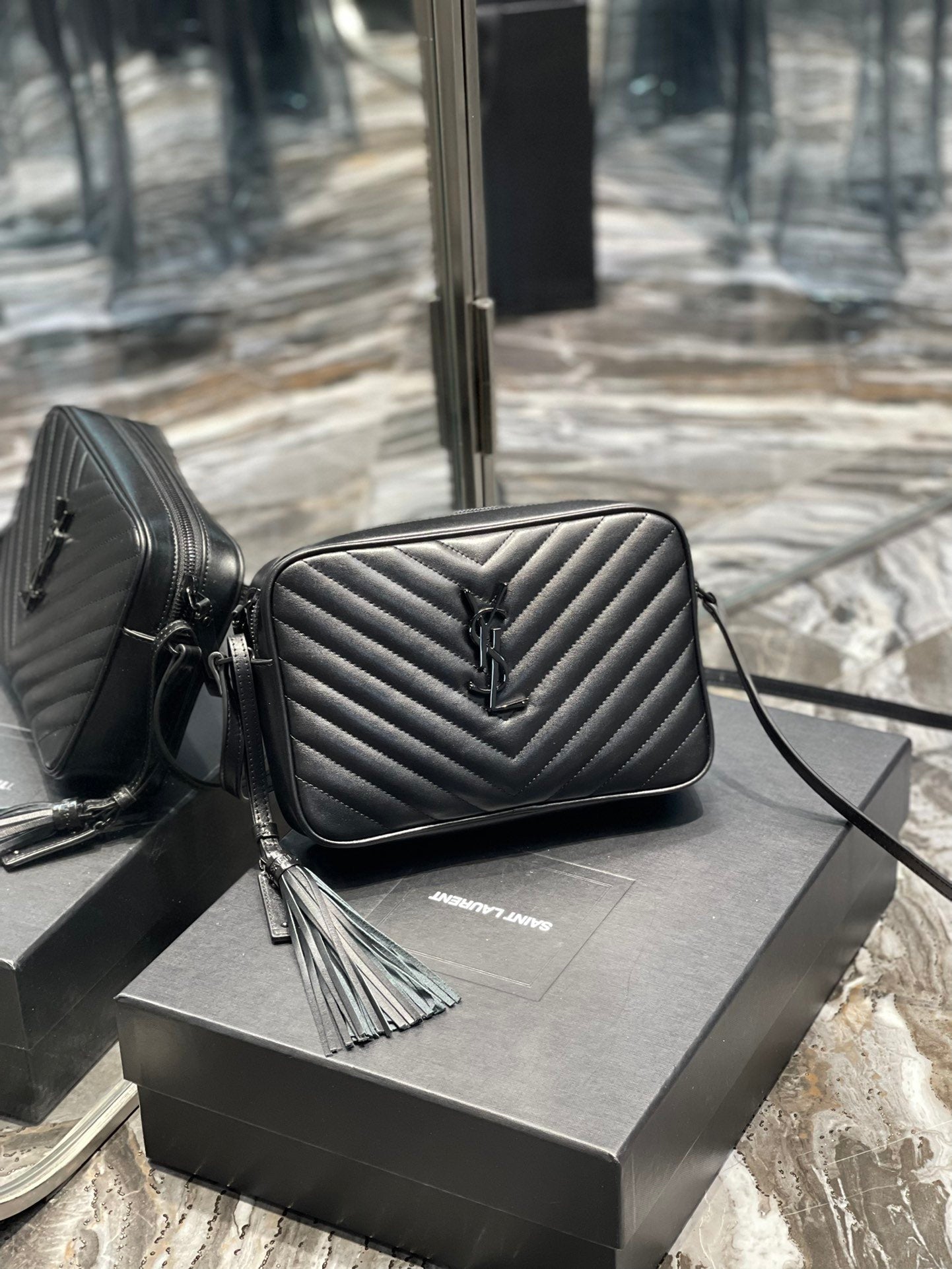 YSL Saint Laurent Lou Camera Metal Hardware 9in Black Crossbody Bag