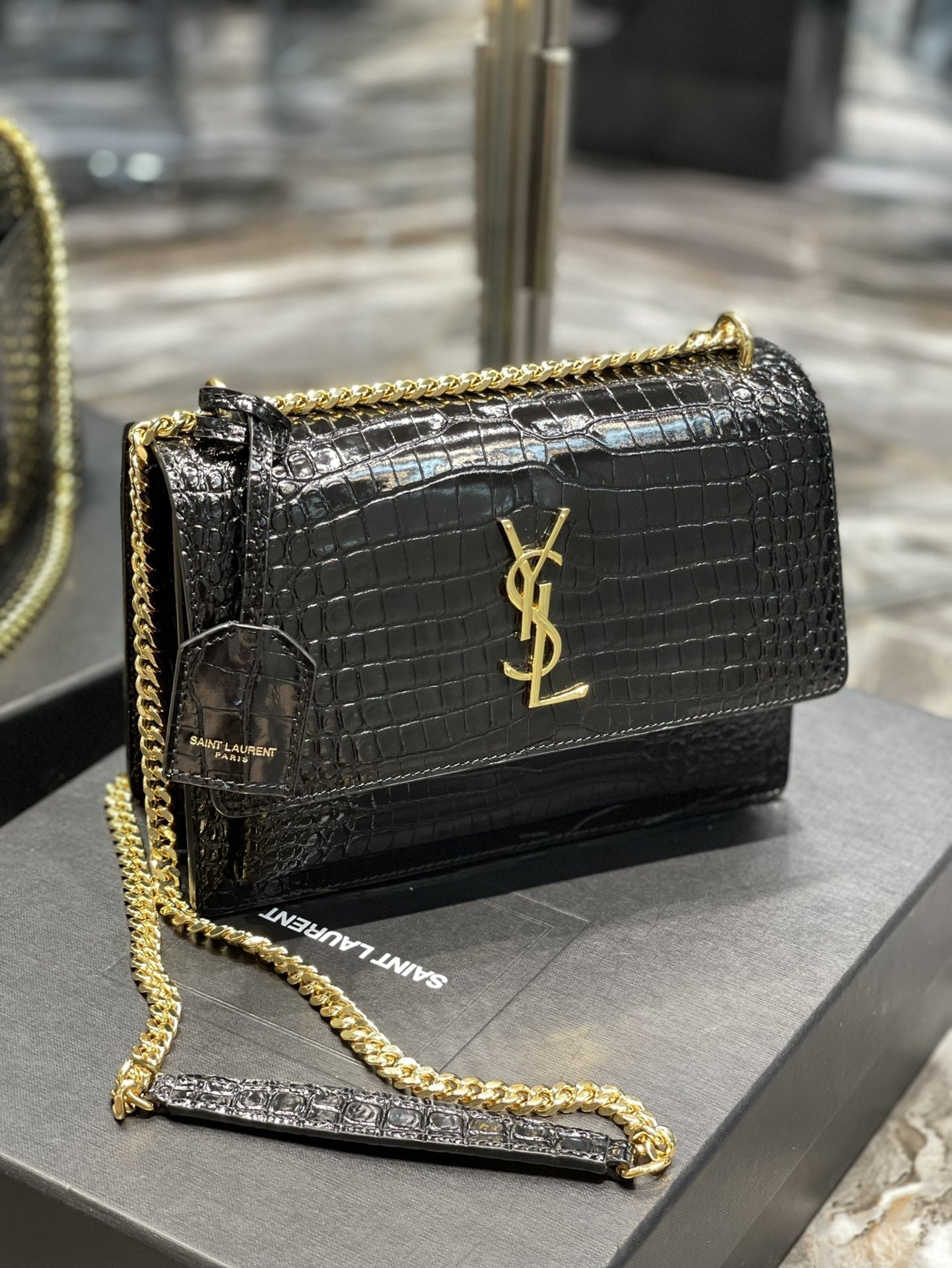 YSL Saint Laurent Sunset Handbag Chain Travel Bag Women 86In22Cm Black