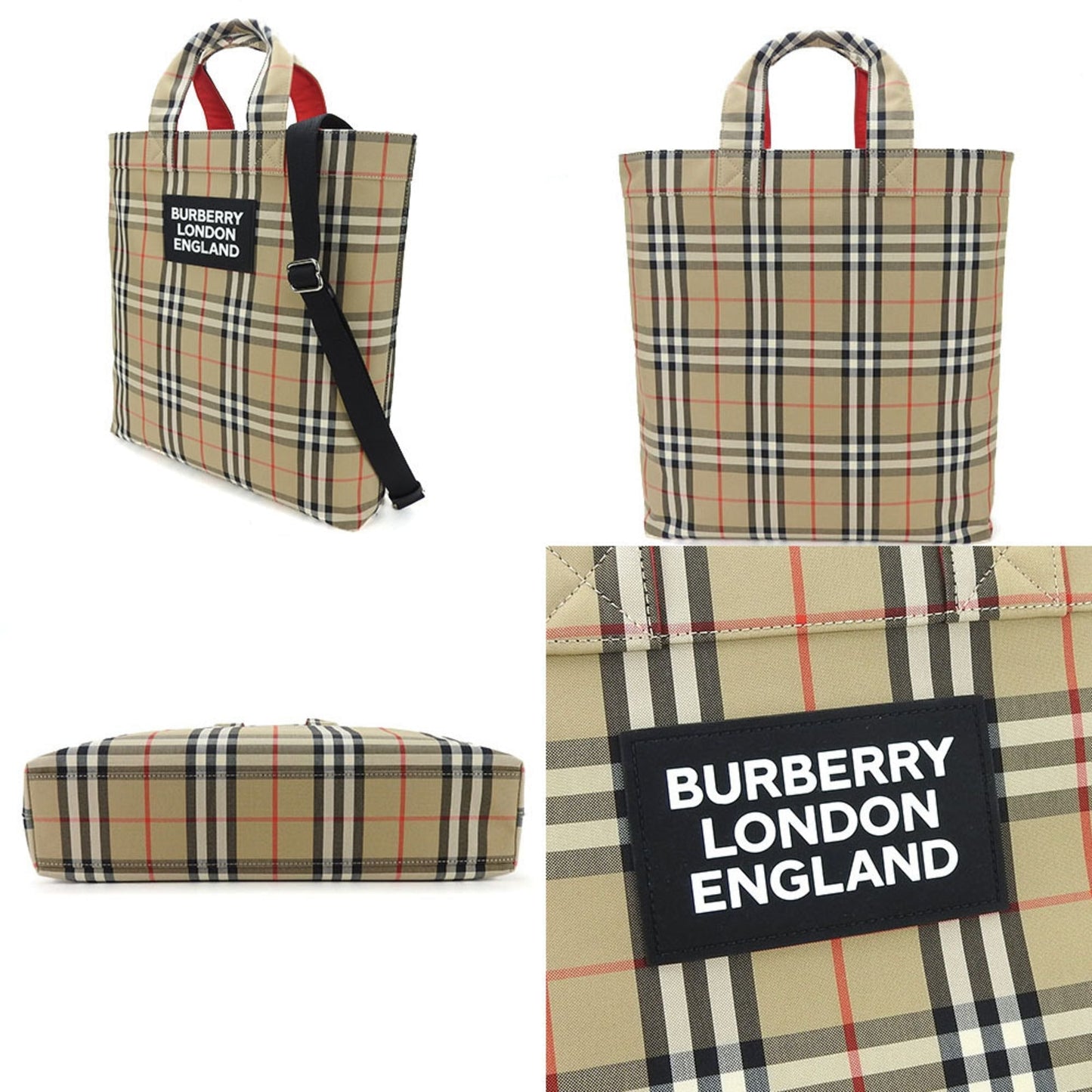 Burberry Polyester Cotton Shoulder Bag Tote Bag Black Beige