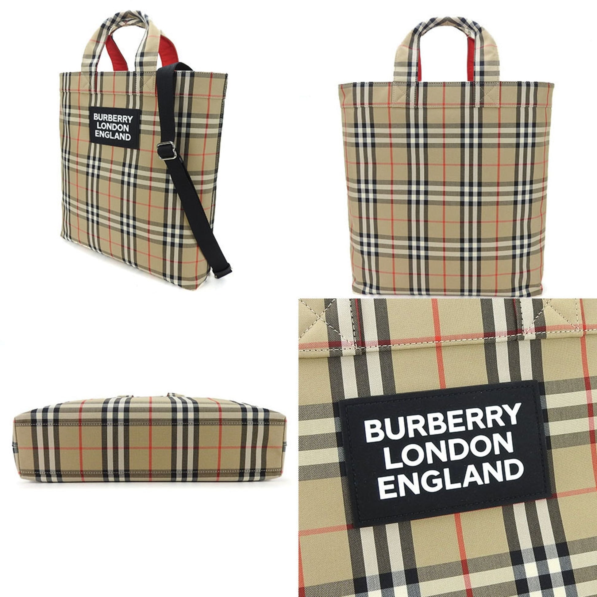 Burberry Polyester Cotton Shoulder Bag Tote Bag Black Beige