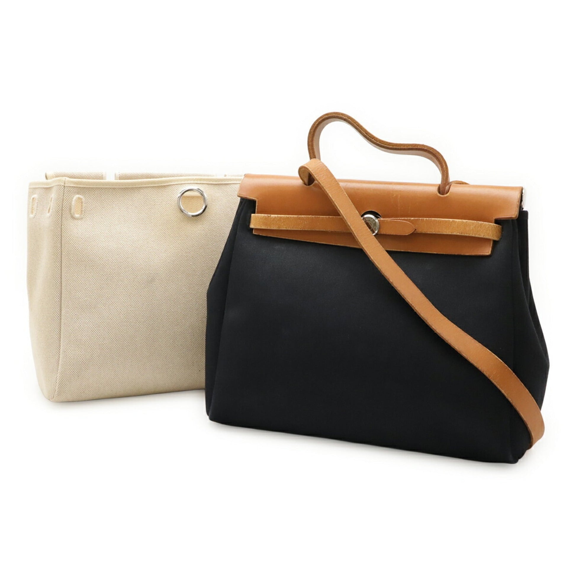 Hermes Light Natural Toile Toile Officier Handbag Shoulder Bag Brown