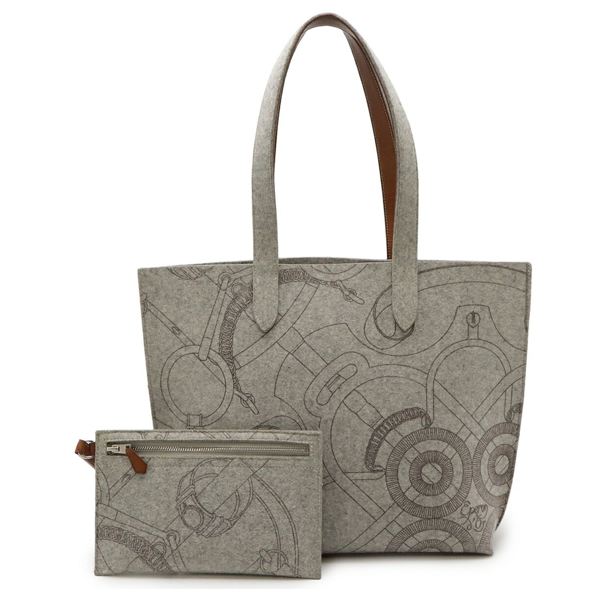 Hermes Felt Handbag Tote Bag Leather Brown Gray
