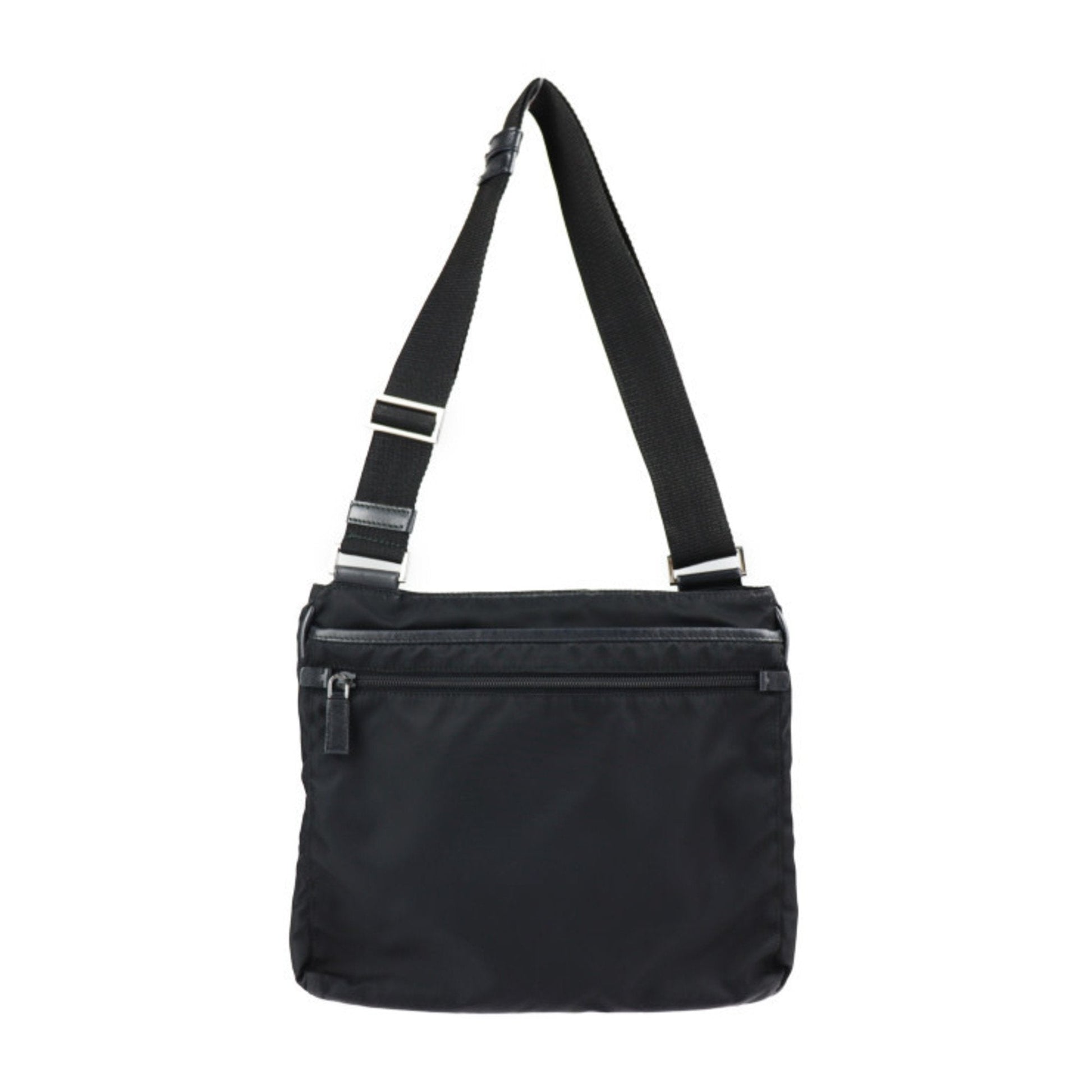 Prada Shoulder Bag Hardware Messenger Triangle Plate Leather Nylon Black