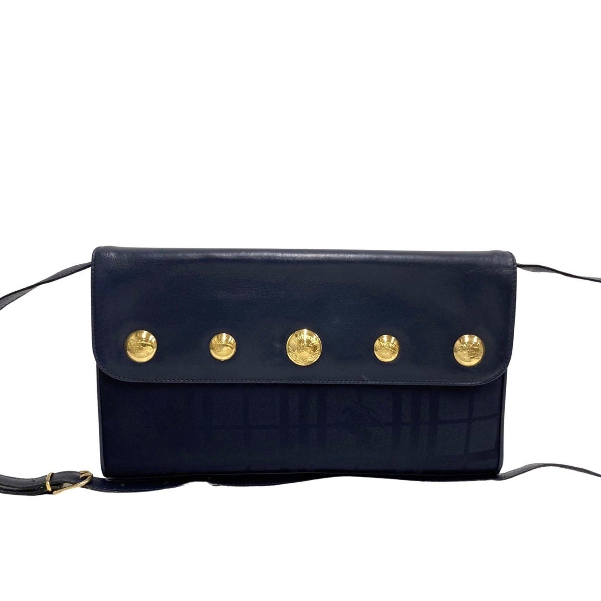 Burberry Clutch Bag Shoulder Bag Leather Nylon Navy