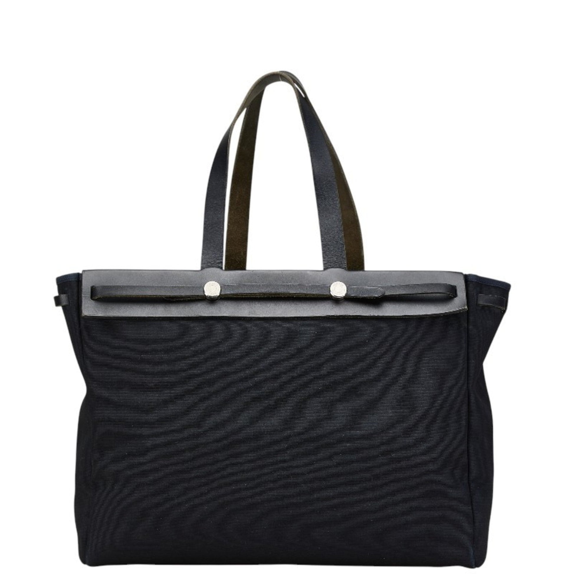 Hermes Toile Officier Handbag Tote Bag Leather Navy