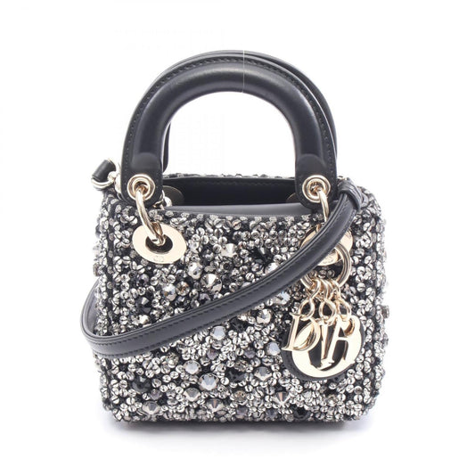 Dior Handbag Christian Lady Clear Rhinestone Leather Black Silver