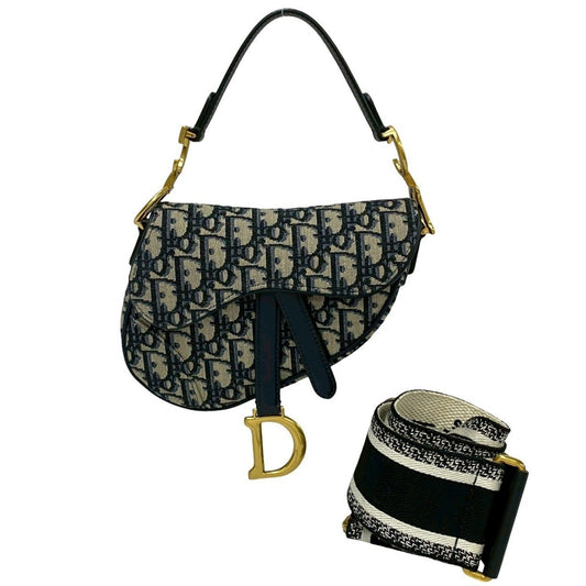 Dior Handbag Christian Saddle Bag Shoulder Bag Leather Canvas Blue Bag Shoulder Bag