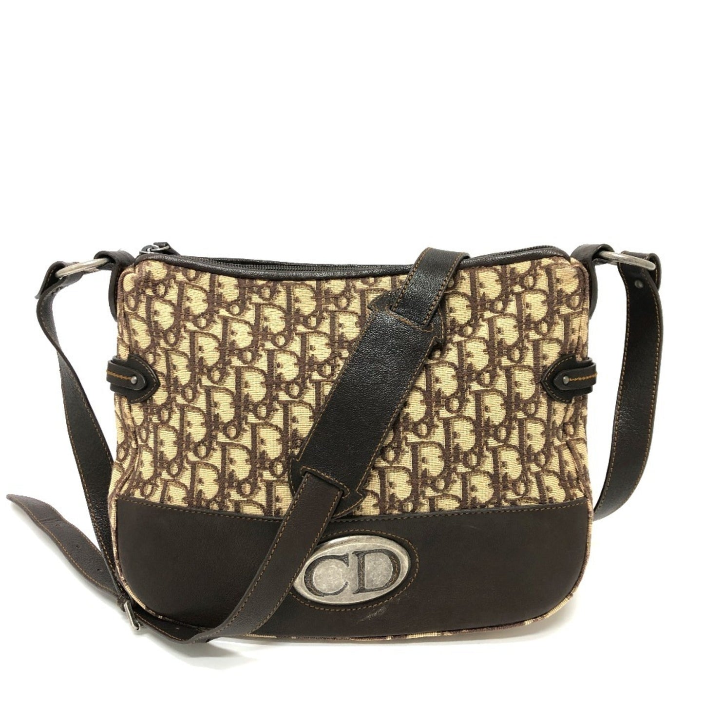 Dior Handbag Christian Shoulder Bag Leather Canvas Brown Leather Shoulder Bag