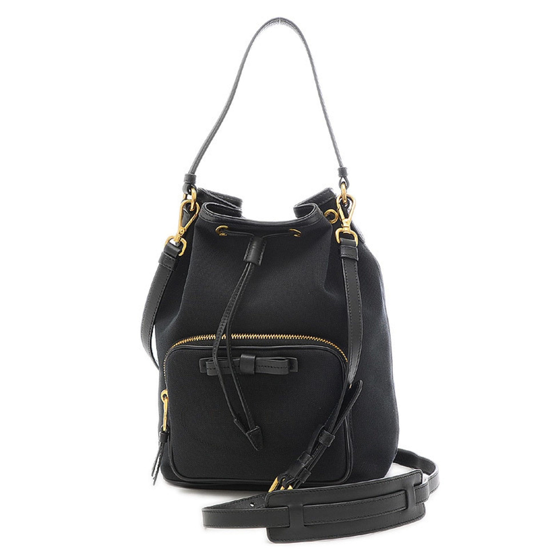 Prada Jacquard Drawstring 2Way Shoulder Ribbon Luxury Handbag Canvas Black Logo Shoulder Bag