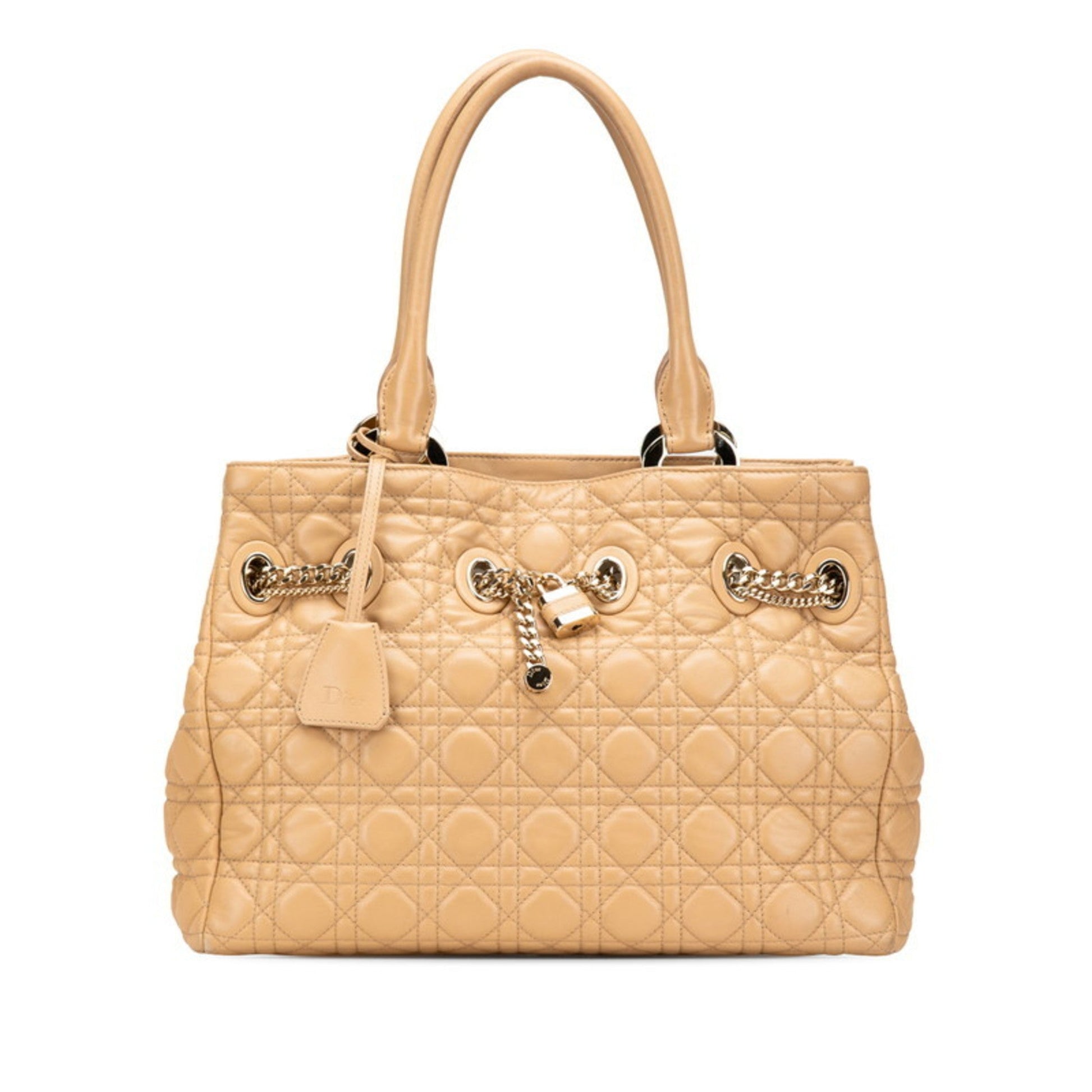 Dior Handbag Christian Lady Tote Bag Leather Brown Beige