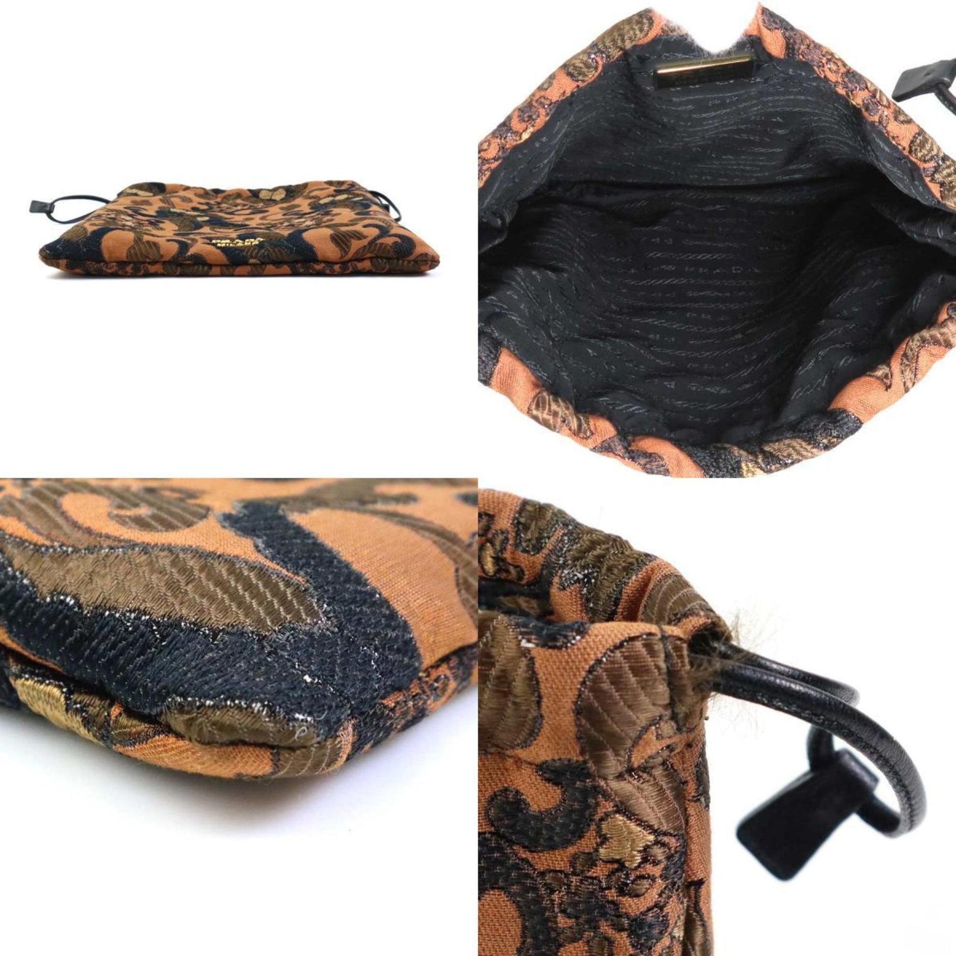 Prada Pouch Drawstring Cotton Acrylic Women Luxury Handbag Brown Clutch Bag