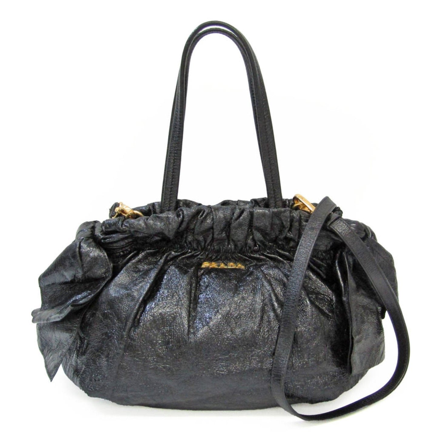 Prada Side Ribbon Women Handbag Shoulder Bag Leather Black